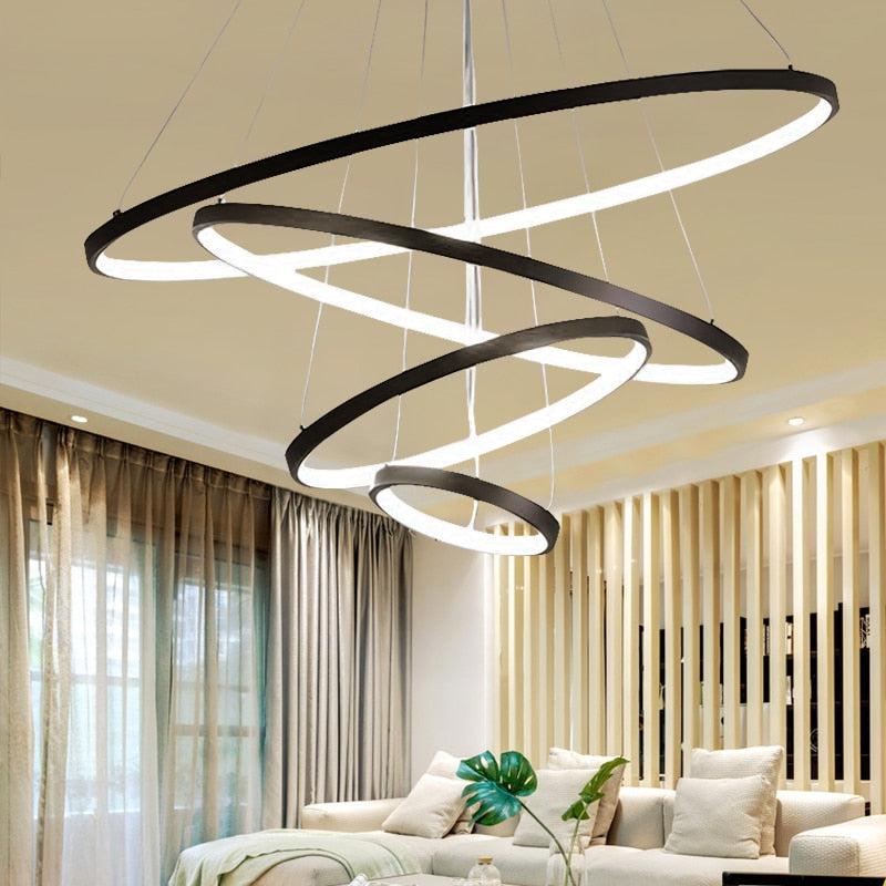 Black LED ring chandelier in a modern living room