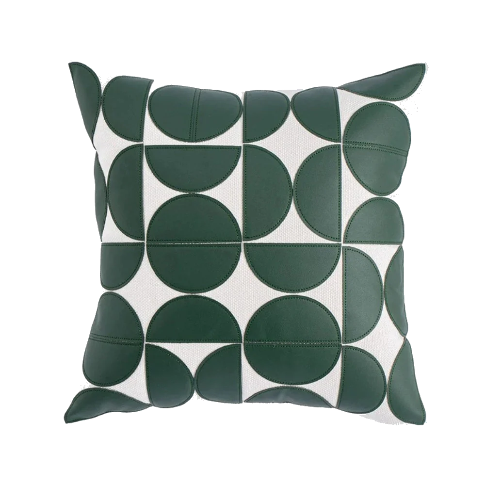 Gemma Geometric Faux Leather Cushion Cover in Green on pure white background