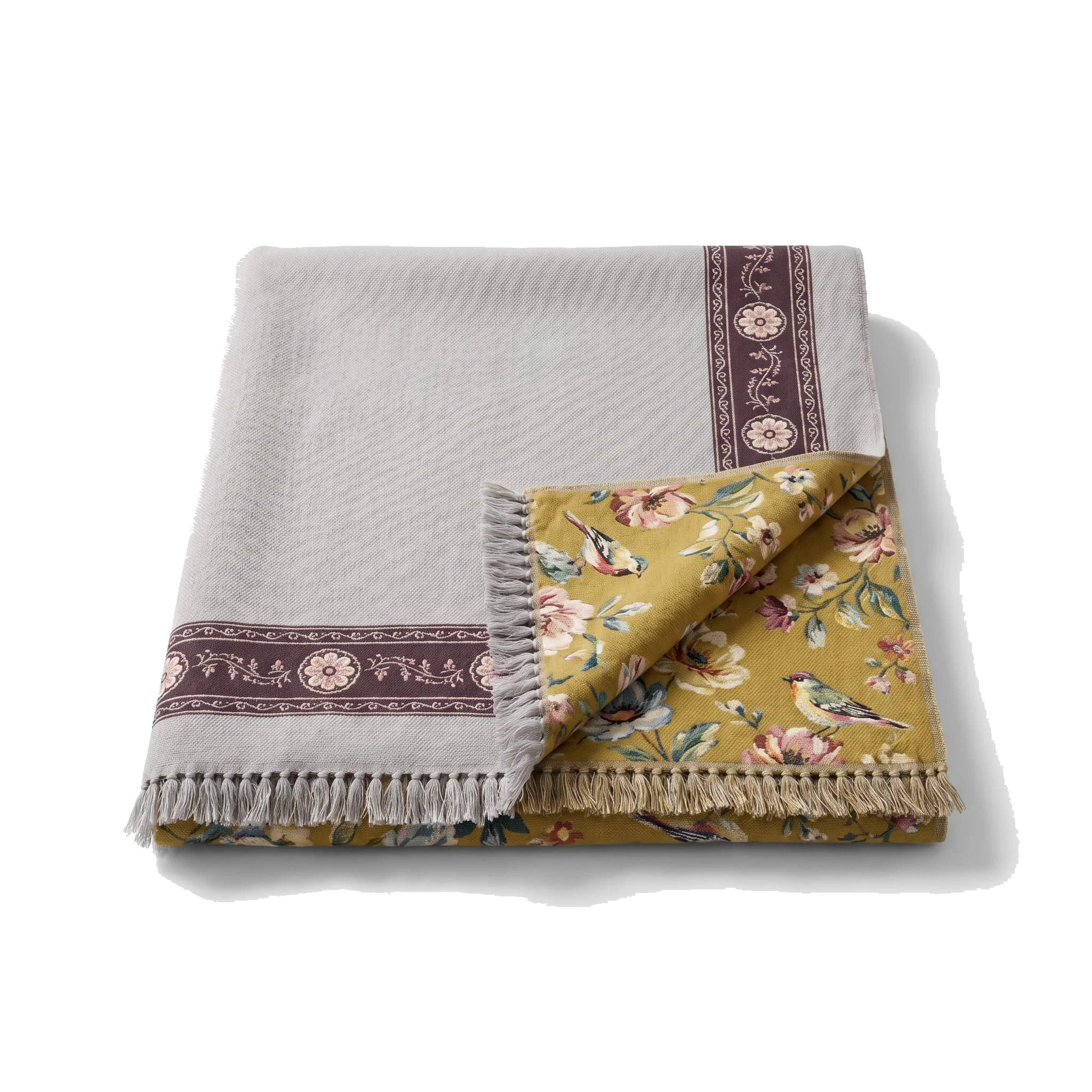 Reversible cotton throw blanket reverse, soft grey jacquard with a brown floral border, on a pure white background