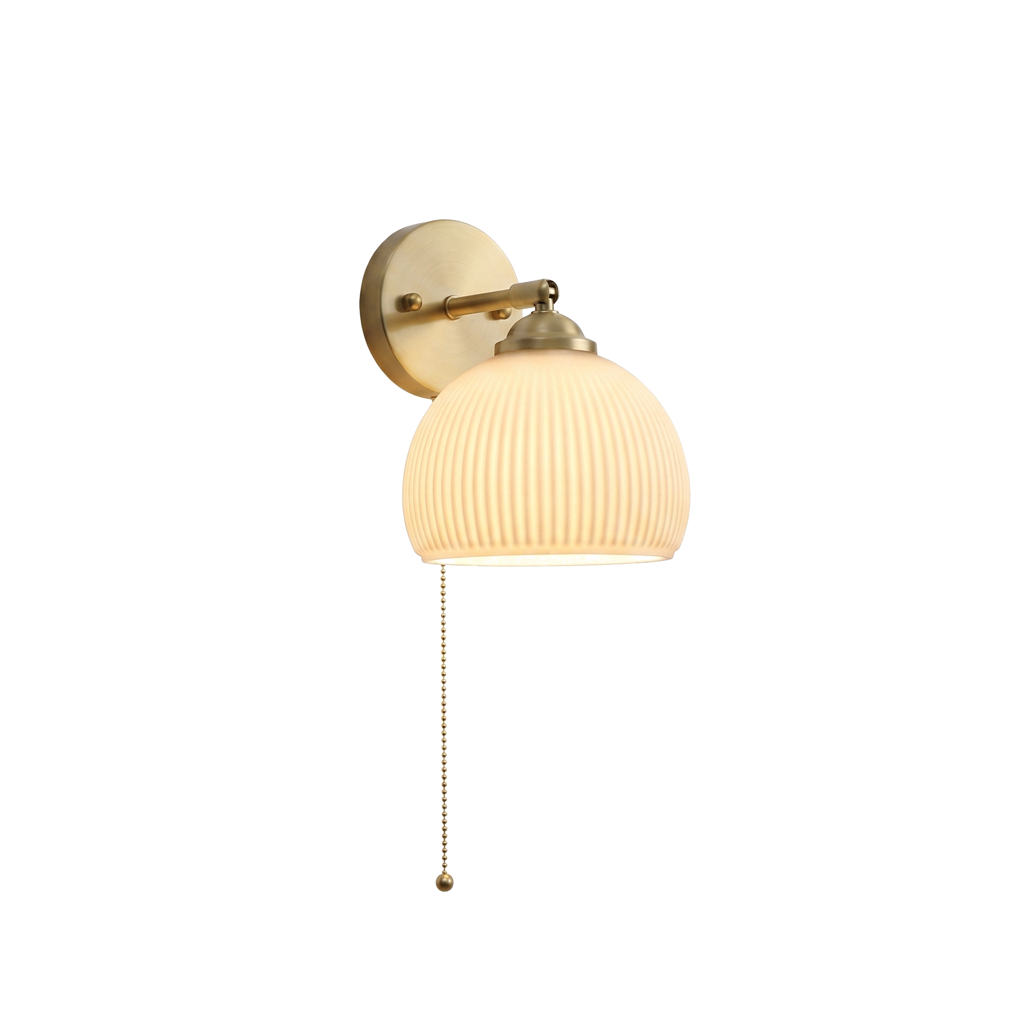 Giglio brass wall sconce, ribbed dome glass shade, on white