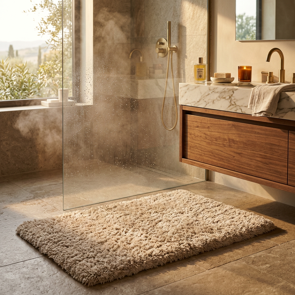 Soffice Lusso Bath Rug - Beige - Spa Walk-in Shower Lifestyle
