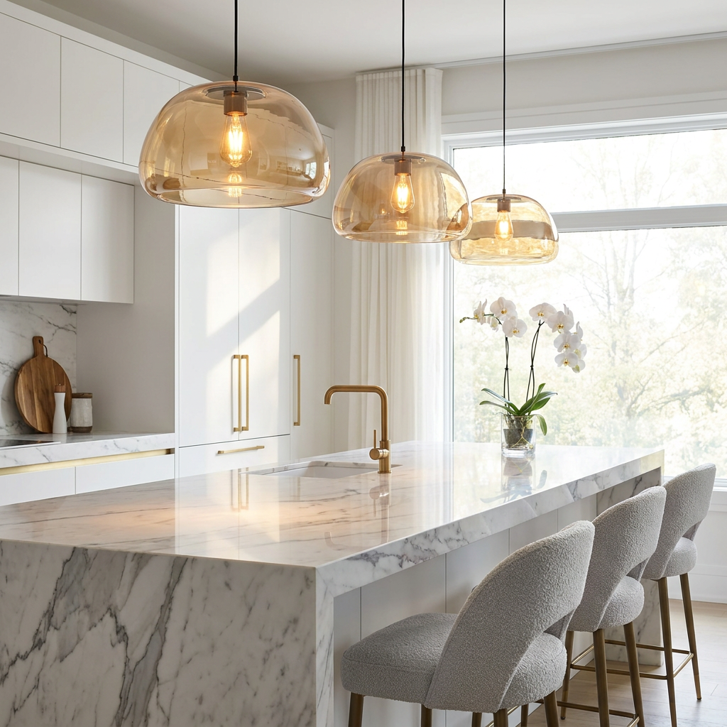 Bolla Trasparente Pendant - Marble Kitchen Island Trio