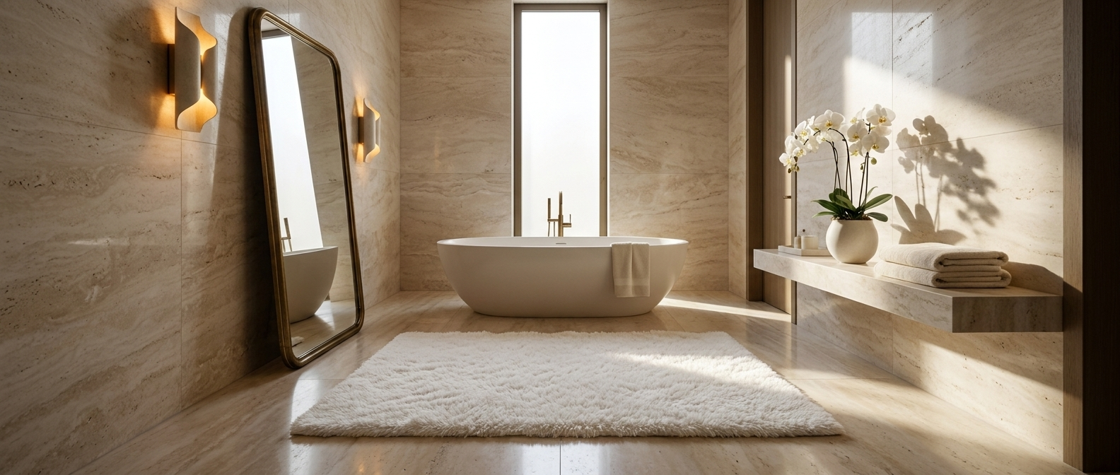 Soffice Lusso Bath Rug - Modern Italian Marble Bathroom (21:9)
