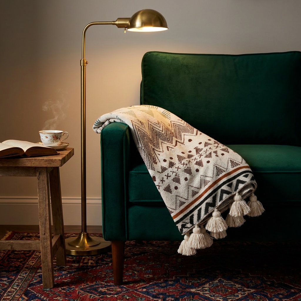 Carezza Mediterranea Throw Blanket - Cream - Reading Nook with Velvet Armchair