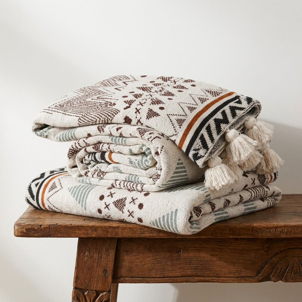 Carezza Mediterranea Throw Blanket - Cream - Folded Stack on Wooden Bench