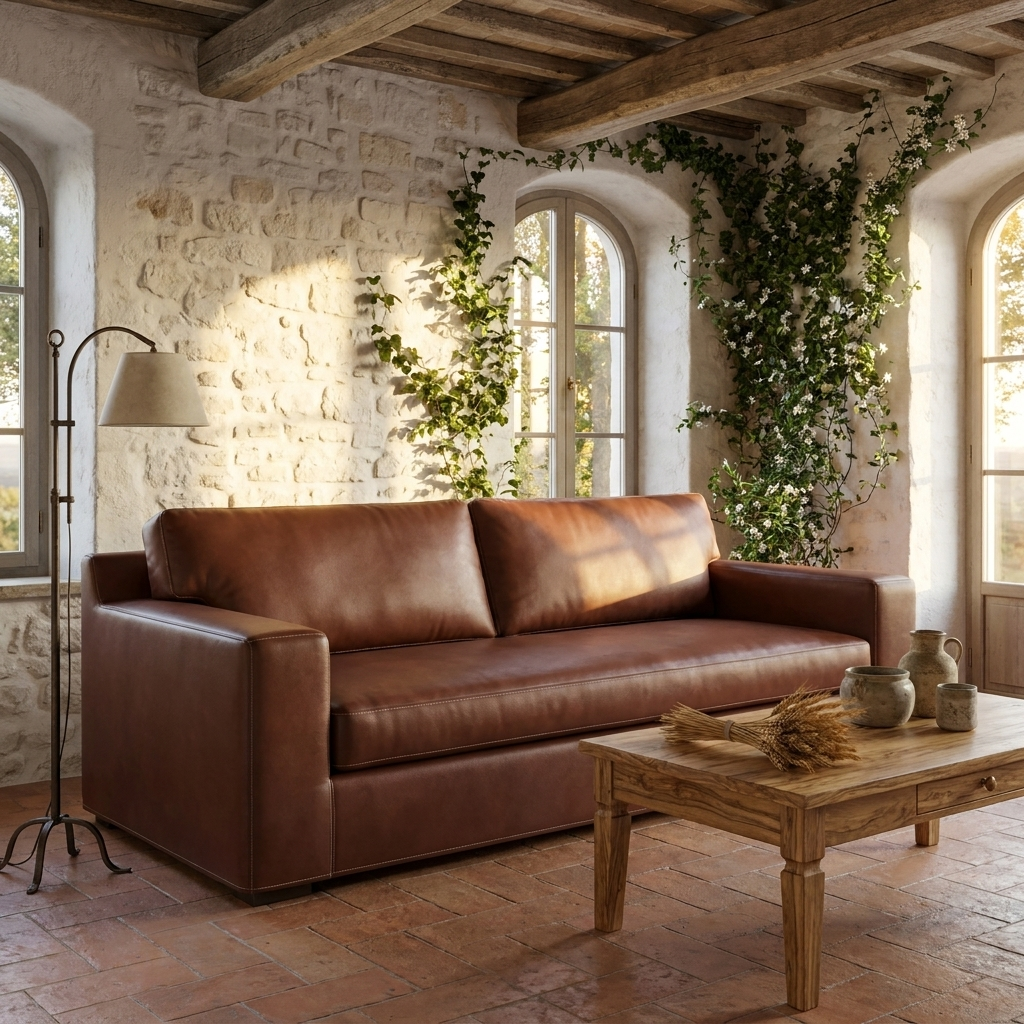 Pelletteria Morbida Faux Leather Sofa Cover - Cognac - Rustic Tuscan Villa Setting
