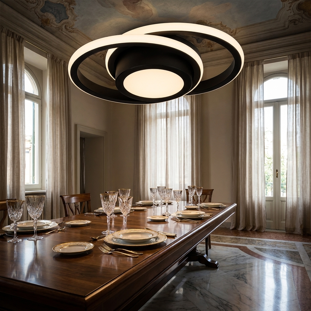 Luminara Geometrica Modern LED Ceiling Light - Cerchio Black - Over Italian Dining Table