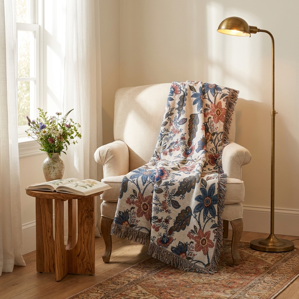 Fiorenza Botanica Floral Cotton Throw Blanket - Botanical Pattern - Vintage Reading Nook