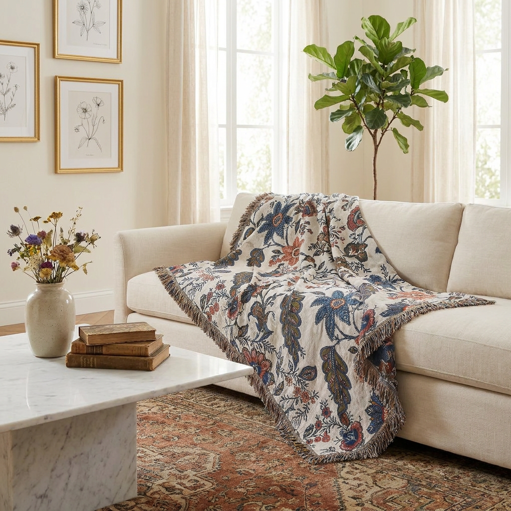 Fiorenza Botanica Floral Cotton Throw Blanket - Botanical Pattern - Cream Linen Sofa