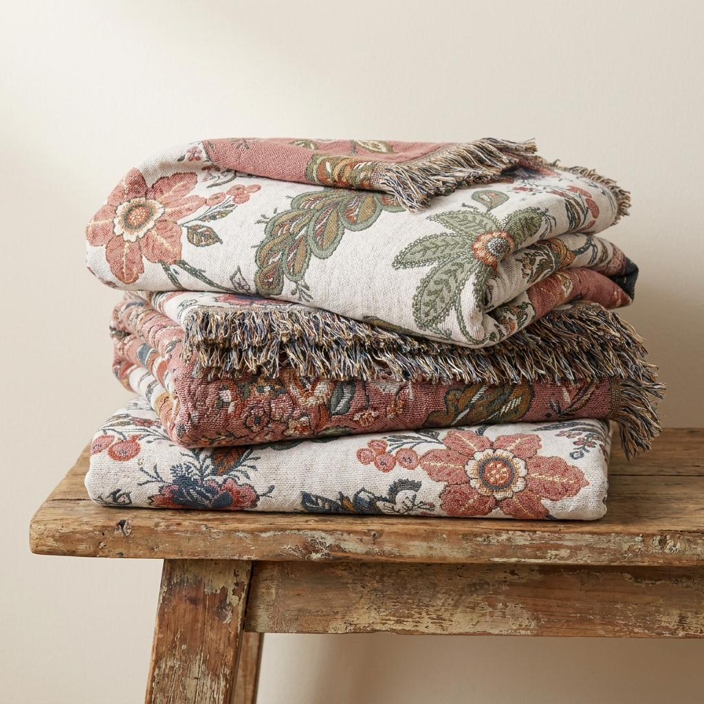 Fiorenza Botanica Floral Cotton Throw Blanket - Botanical Pattern - Folded Stack on Wooden Bench