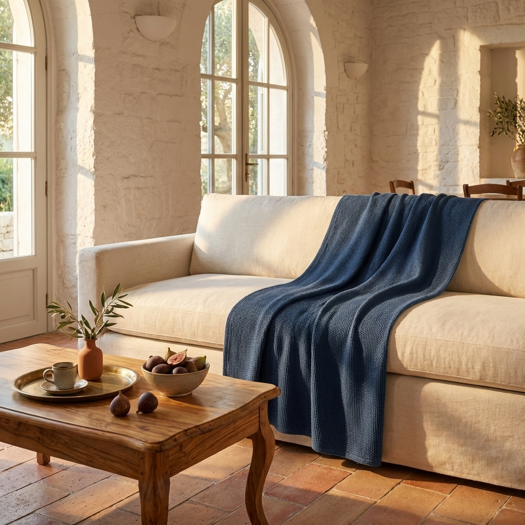 Pavone Costiera Mediterranean Cotton Throw Blanket - Peacock Blue - Mediterranean Living Room