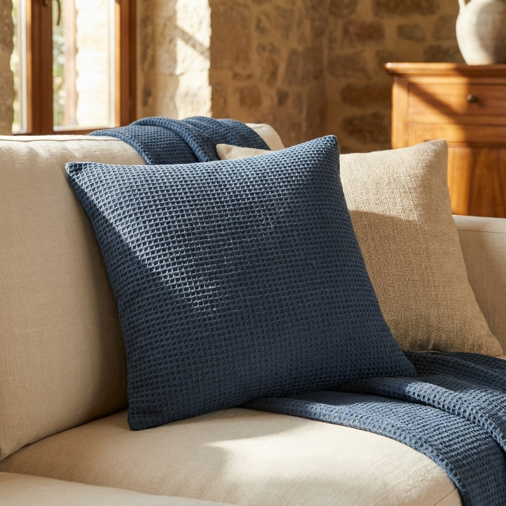 Pavone Costiera Mediterranean Cotton Throw Blanket - Peacock Blue - Cushion Cover Lifestyle