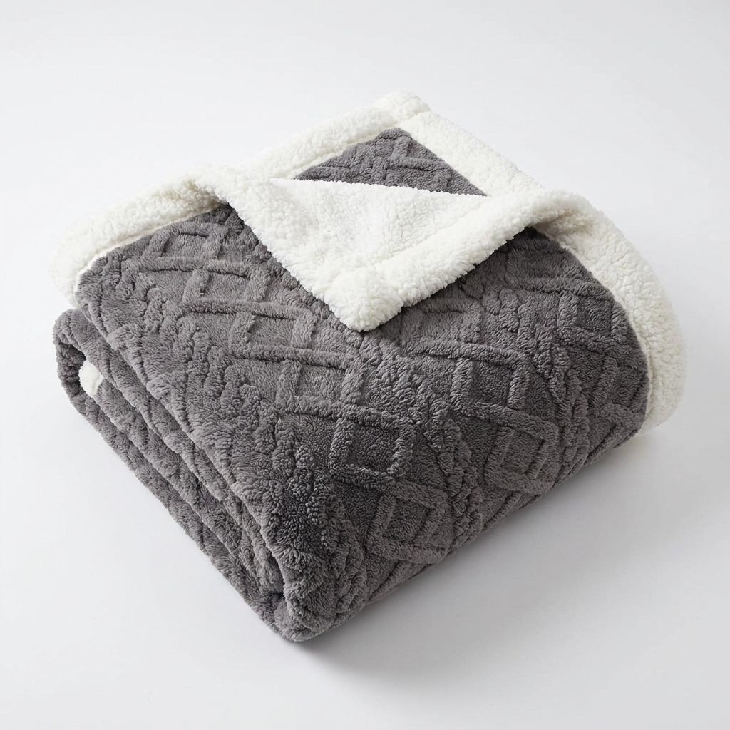 Coccola Velluto Italian Sherpa Throw Blanket - Charcoal - Hero Product Shot with White Sherpa Border