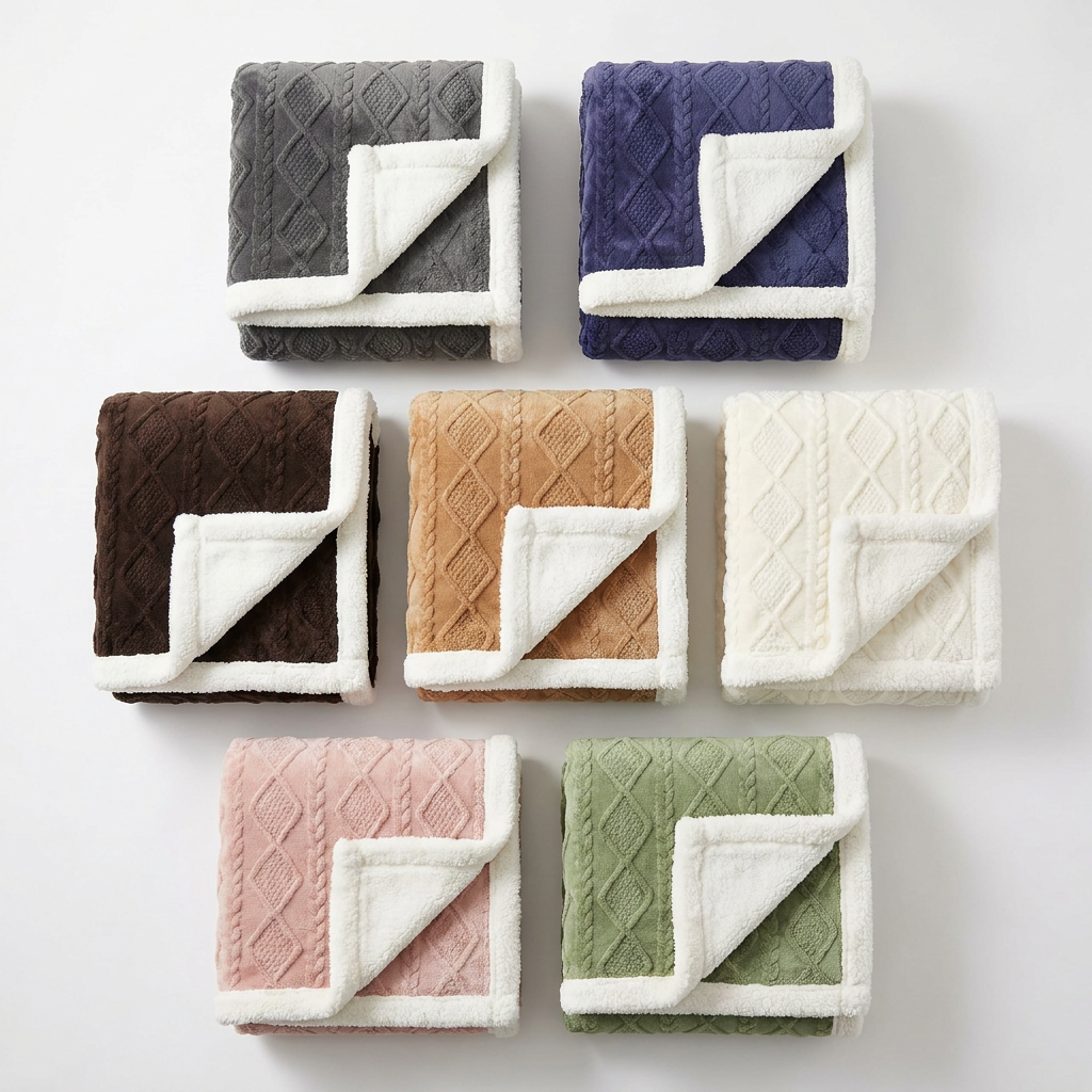 Coccola Velluto Italian Sherpa Throw Blanket - All 7 Colors Flat Lay with White Sherpa Borders