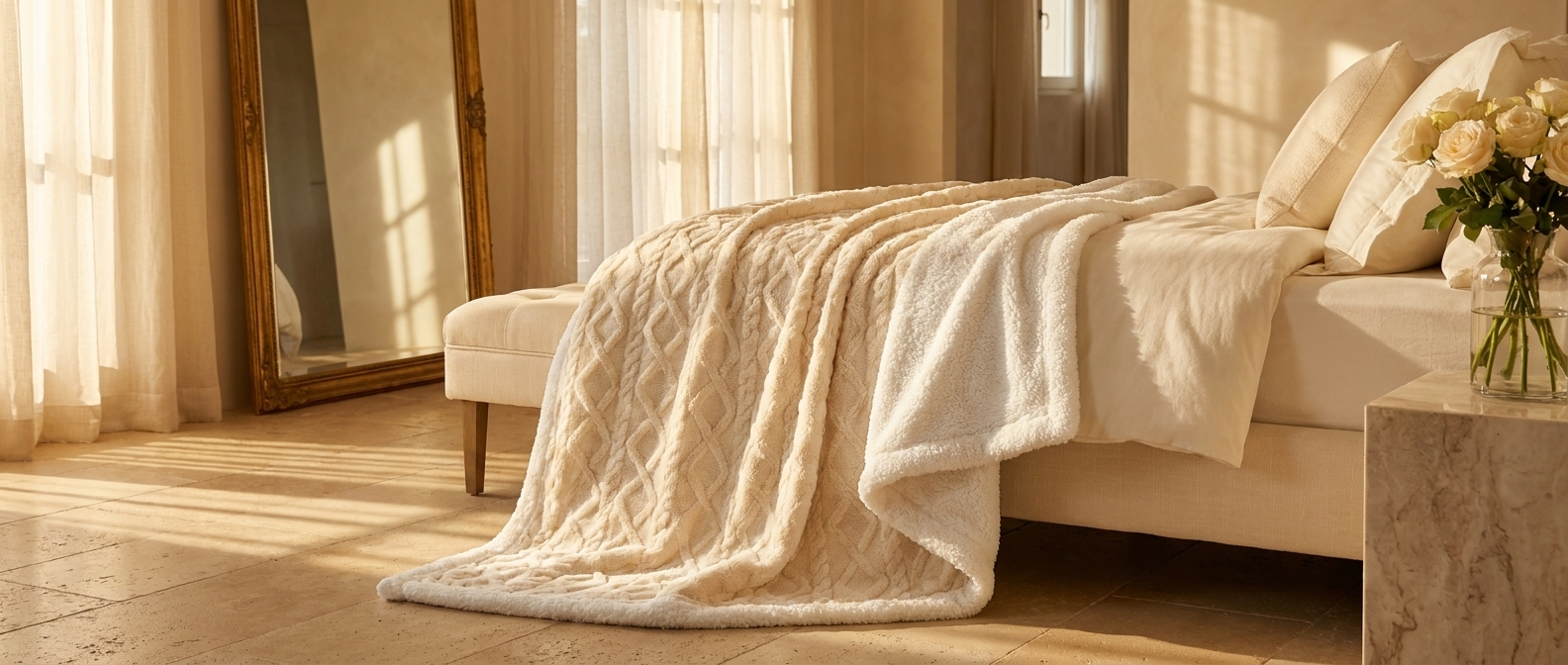 Coccola Velluto Italian Sherpa Throw Blanket - Creamy White - Tuscan Villa Banner 21:9