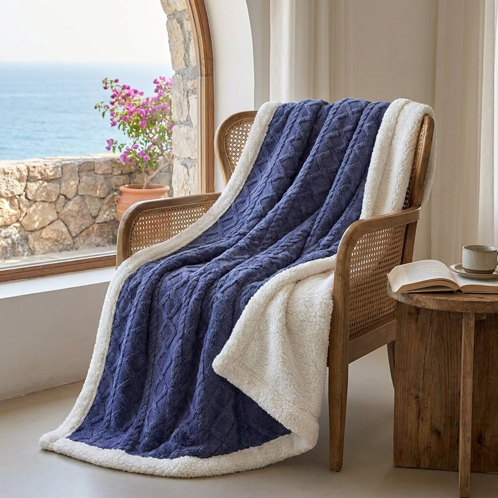 Coccola Velluto Italian Sherpa Throw Blanket - Blue Berry - Coastal Amalfi Reading Nook