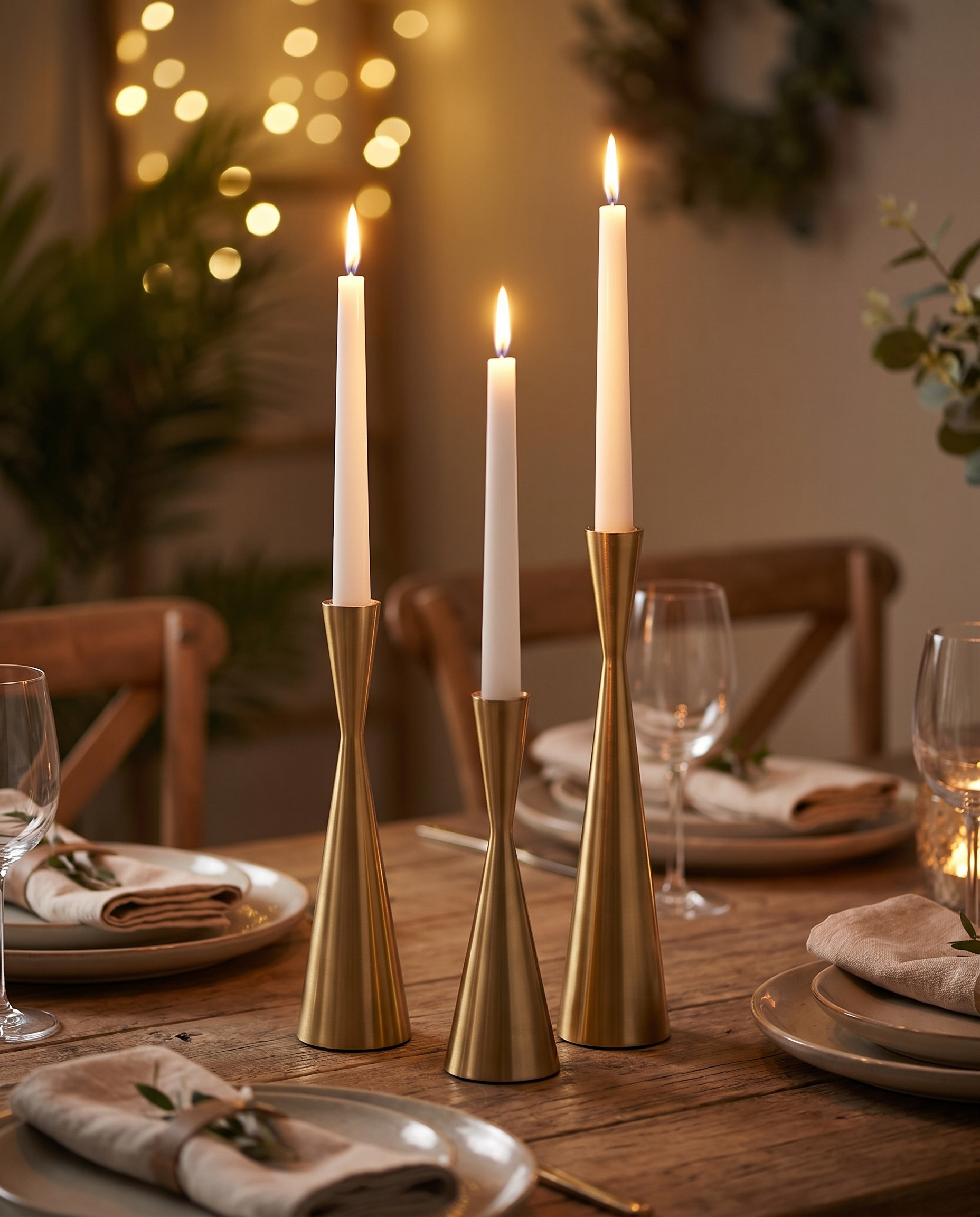 Brass Fiamma Nordica candlestick trio with lit taper candles on a dining table