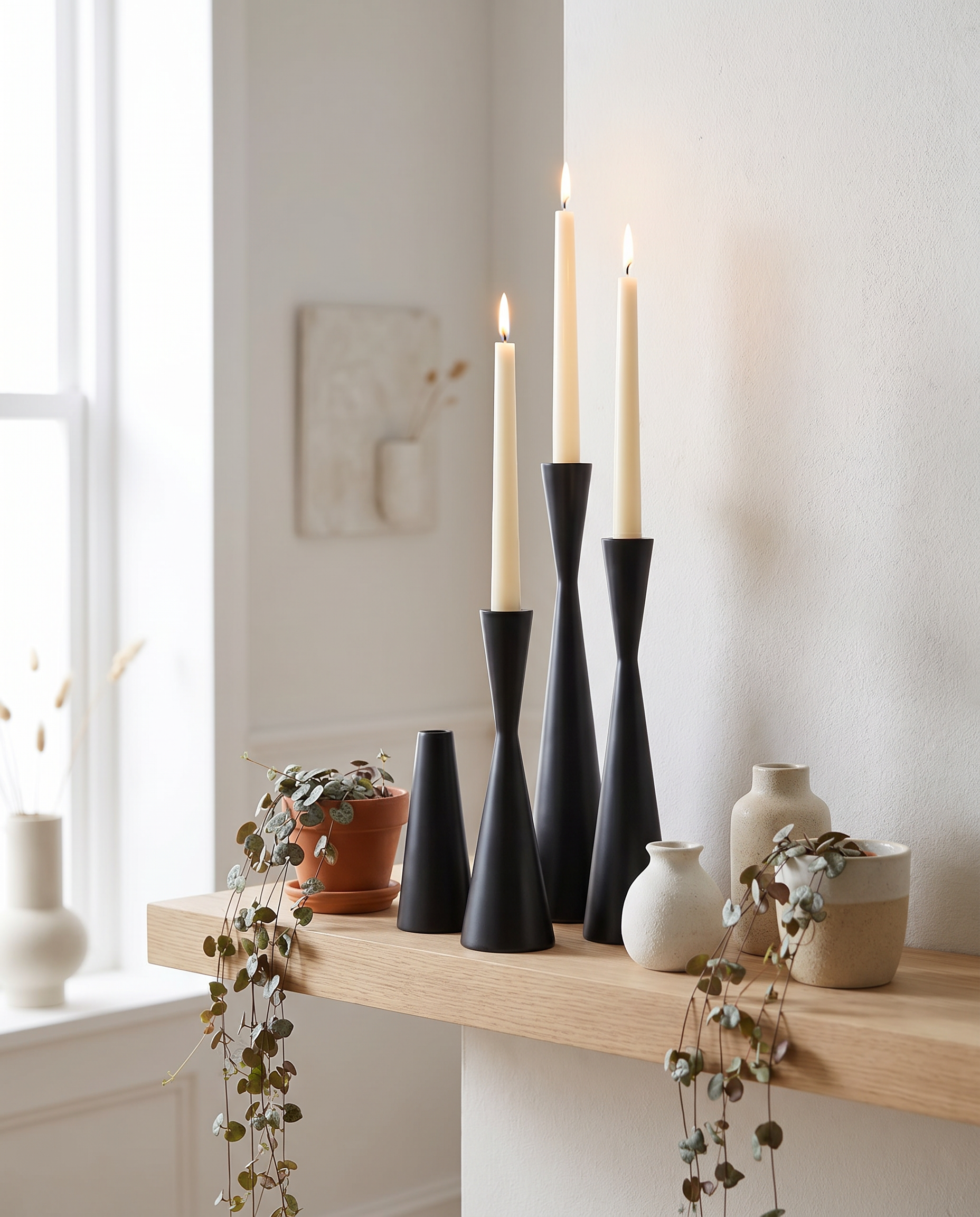 Black Fiamma Nordica candlestick trio on a pale wood shelf vignette with lit candles