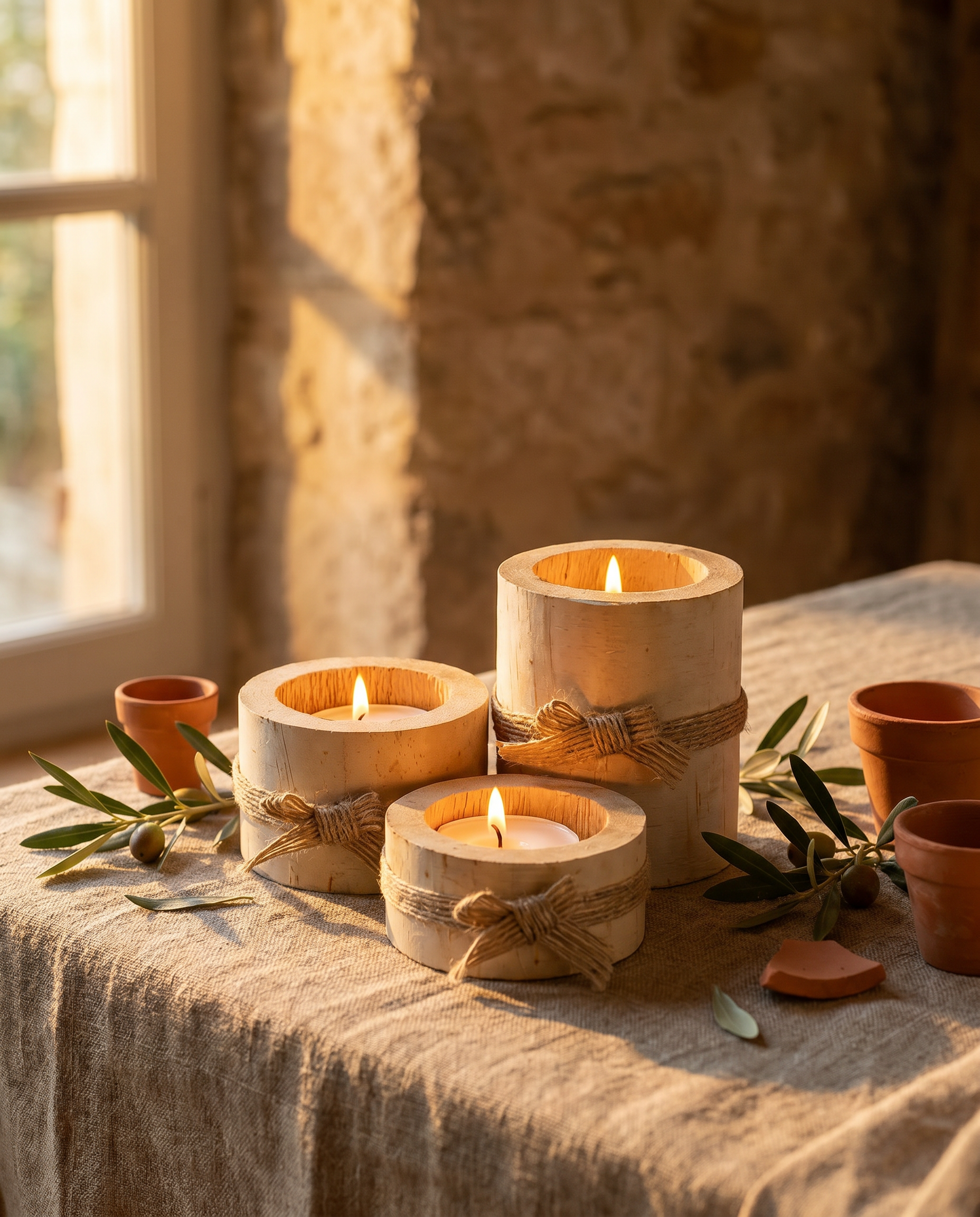 Bagliore Toscano bamboo candle holders glowing on a Tuscan dining table at golden hour