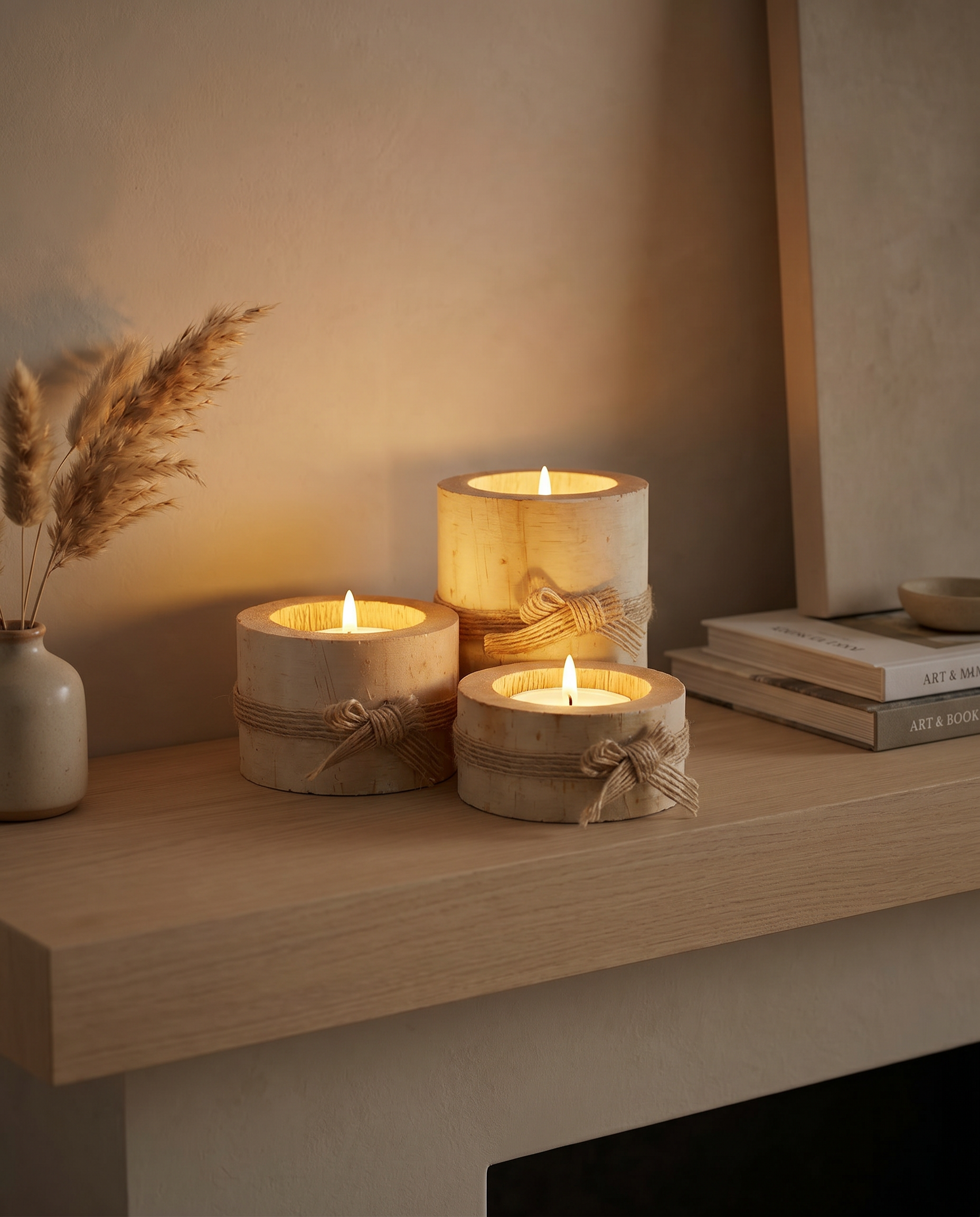 Bamboo candle holders on a modern mantel at dusk with warm candlelight
