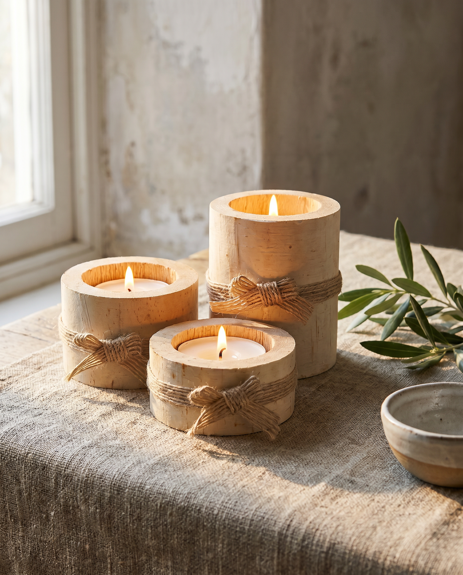Close-up of handcrafted bamboo candle holders in soft window light