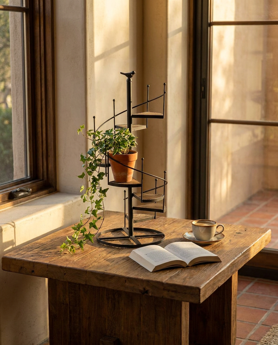 Voluta Botanica - Black - Side table with trailing ivy beside a coffee cup