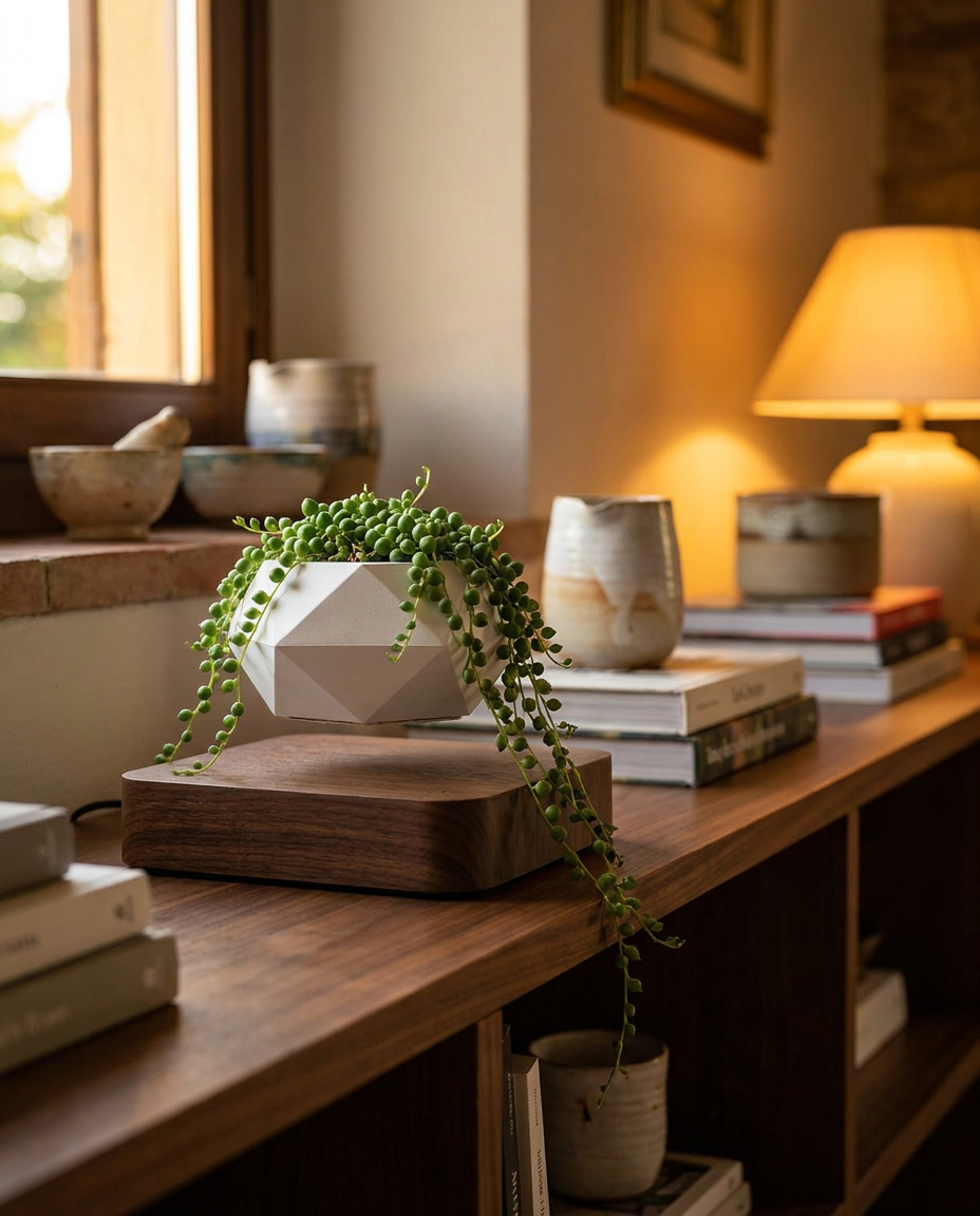 Orbita Verde Floating Planter - Dark Walnut - Living Room Shelf