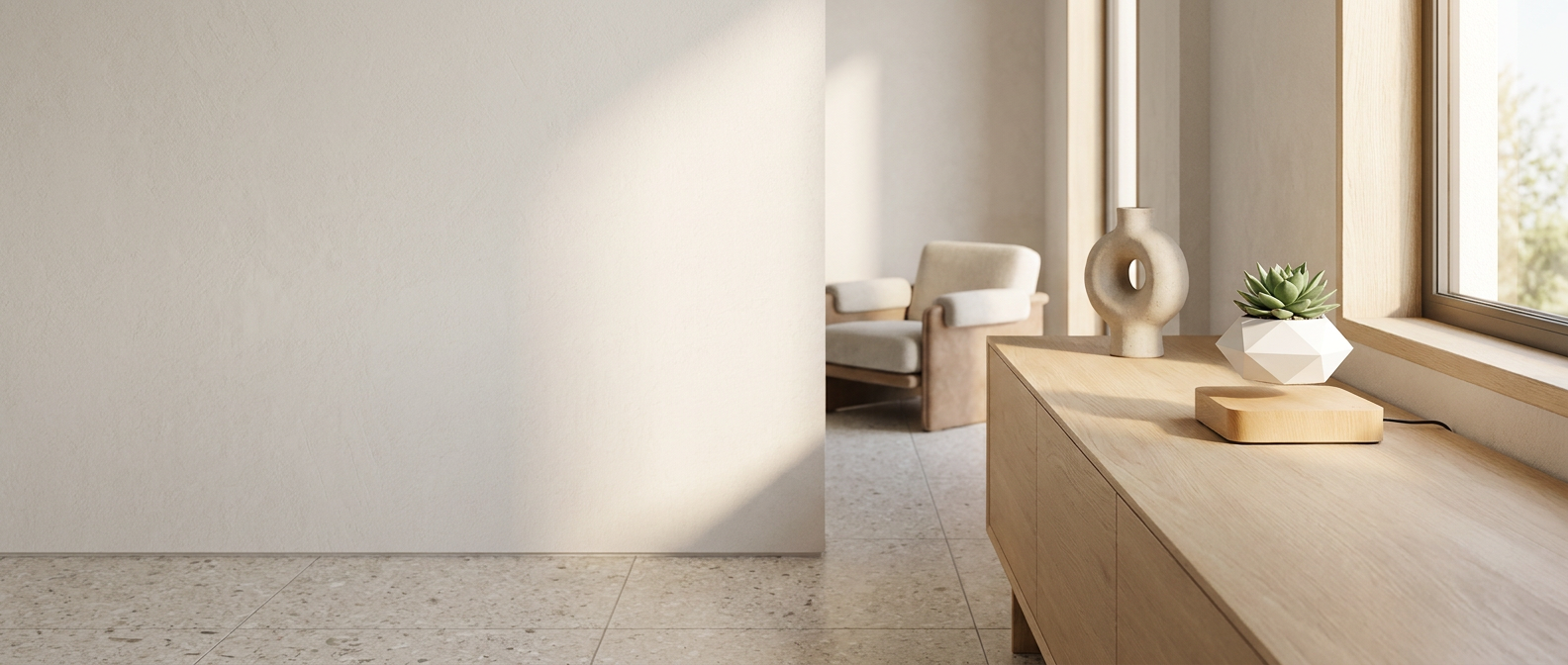 Orbita Verde Floating Planter - Light Maple - Sunlit Living Room