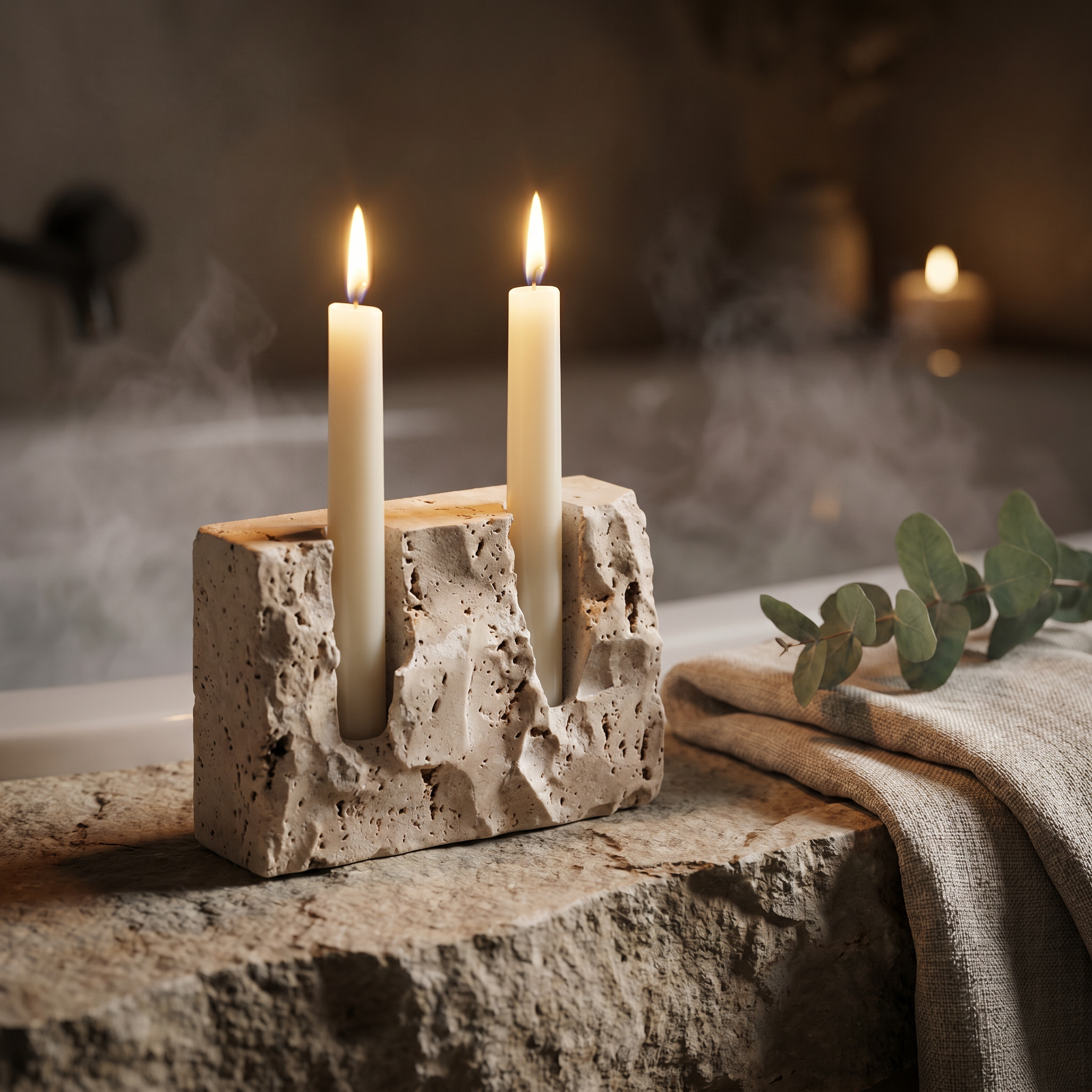 Raw travertine candle holder with lit taper candles in a tranquil spa setting
