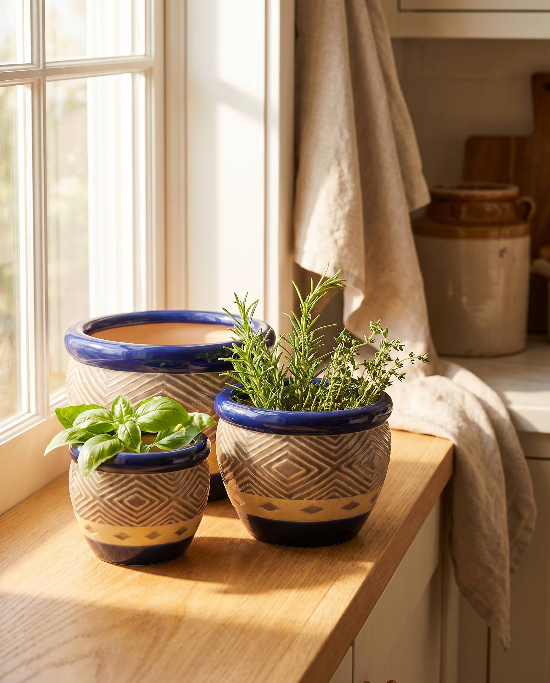 Cobalt blue ceramic planters with fresh herbs on a sunny kitchen windowsill