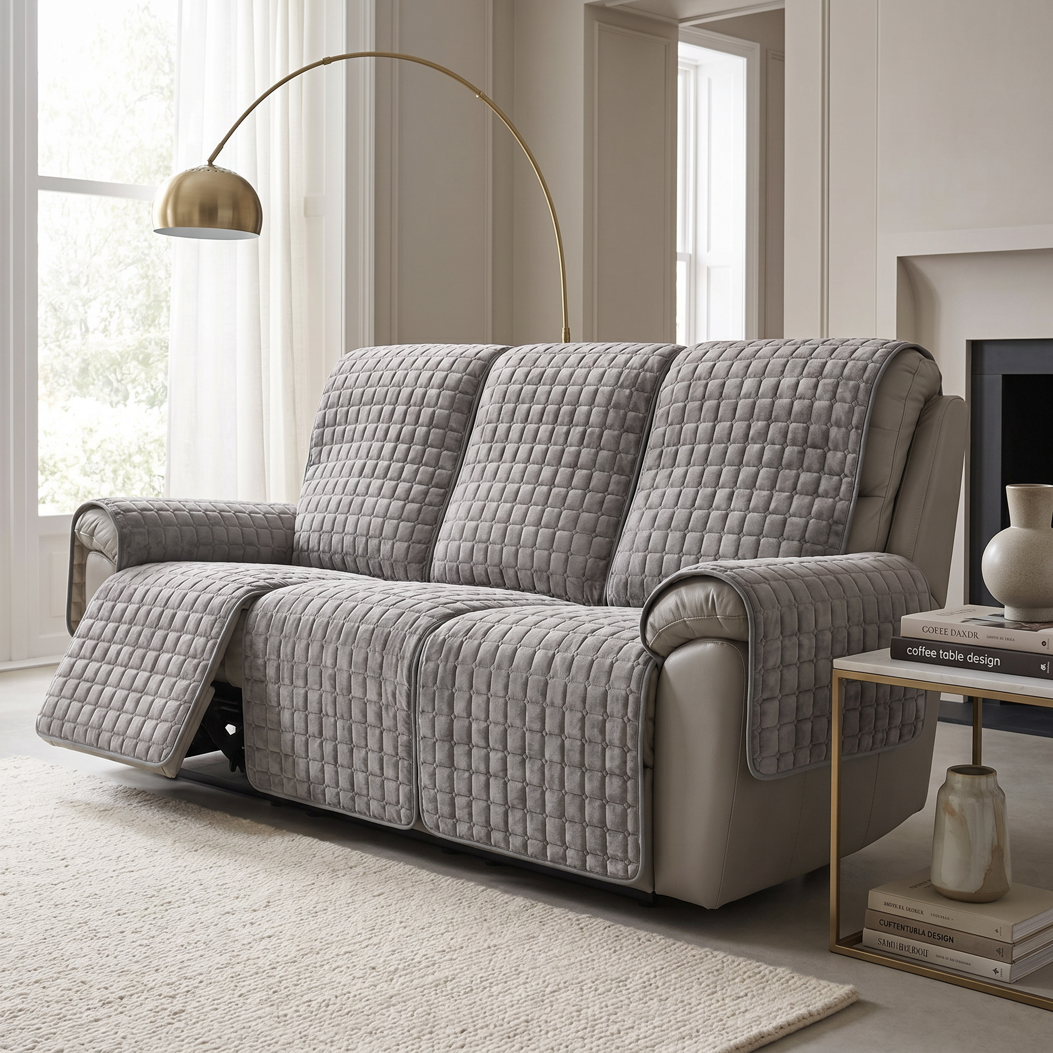 Morbido Abbraccio Stretch Recliner Slipcover - Gray - Three-seat reclining sofa styled side angle in Italian living room
