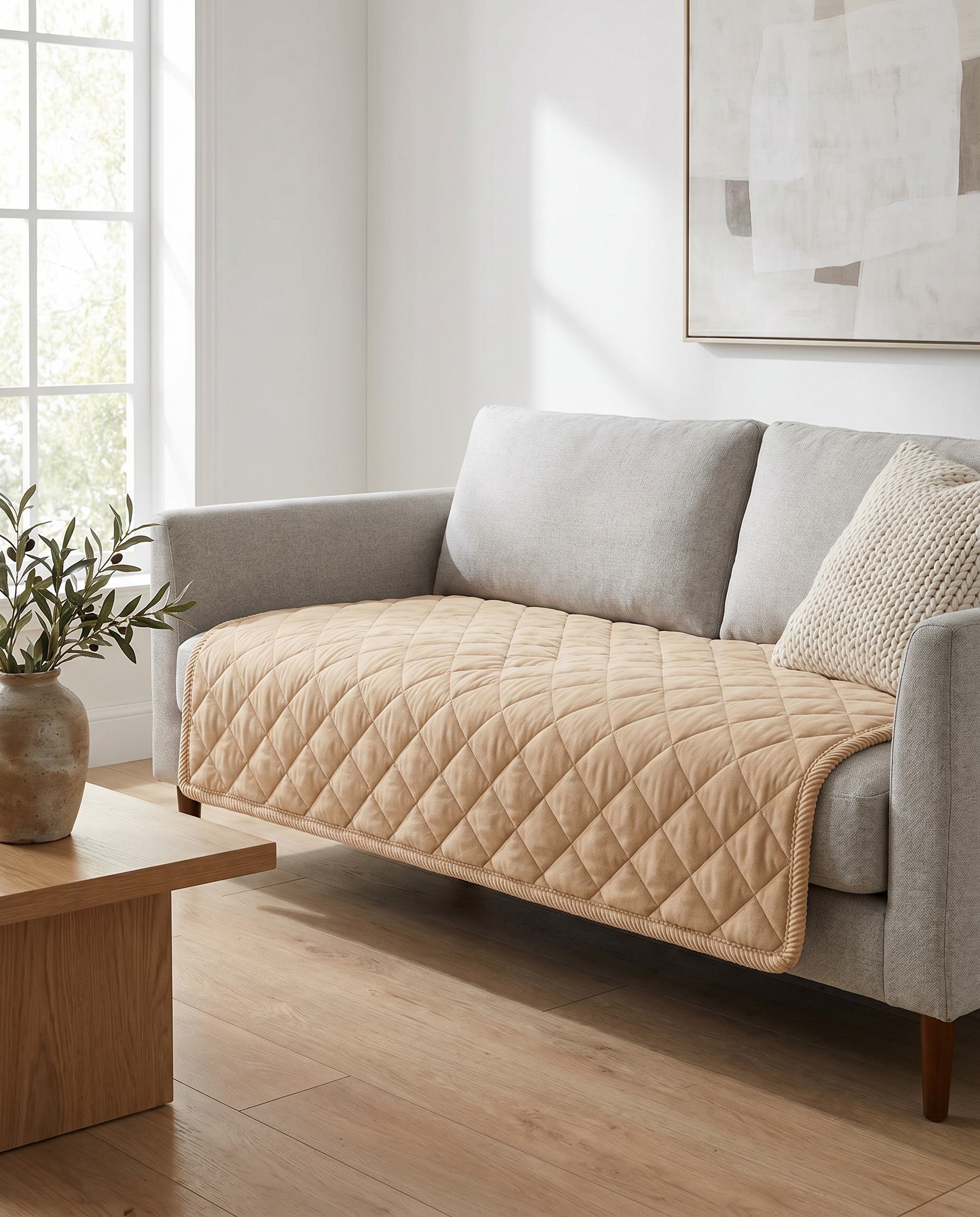 Trapunta Lusso Quilted Sofa Cover - Beige Haze - Draped over sofa in modern Italian living room