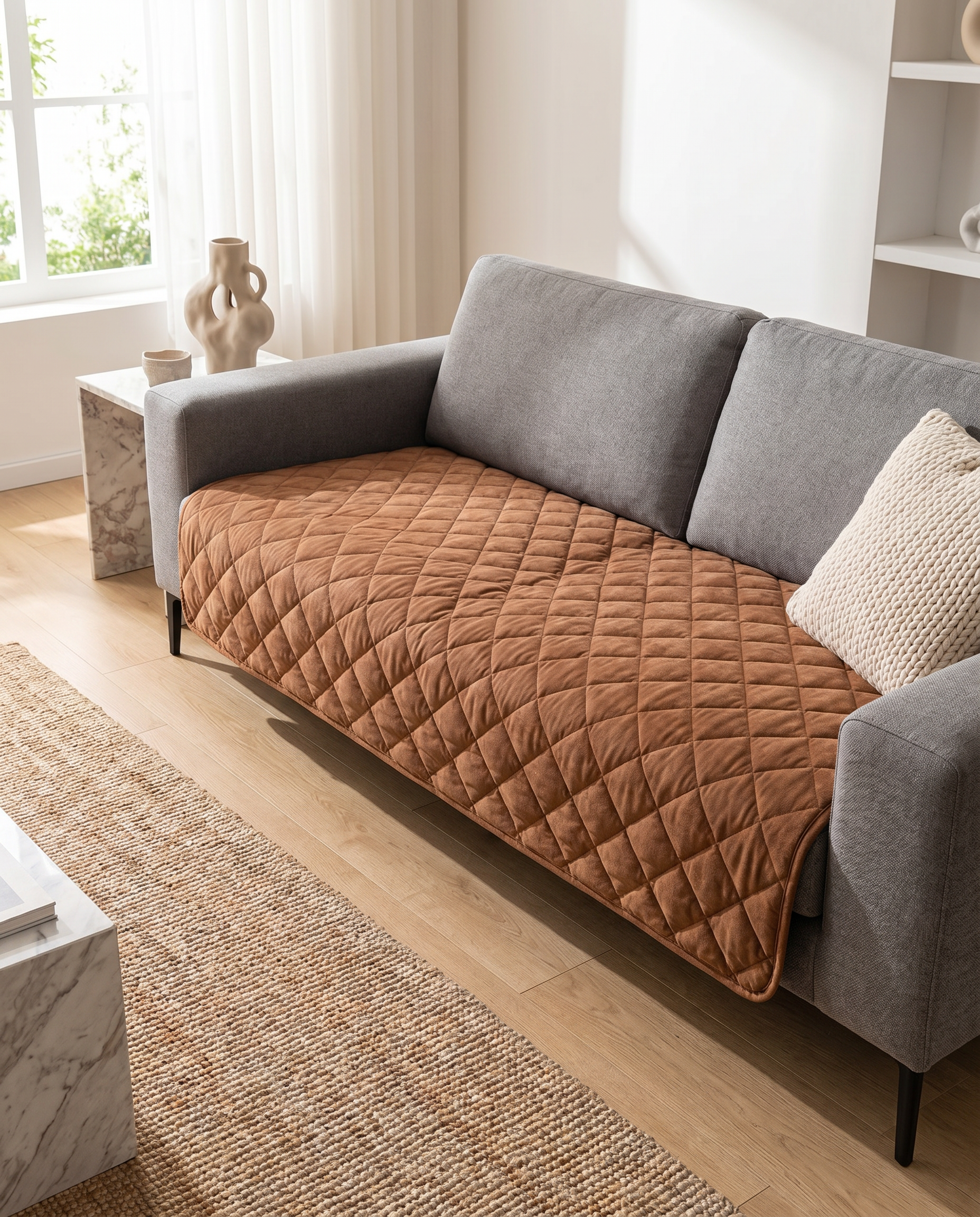 Trapunta Lusso Quilted Sofa Cover - Chestnut Haze - Draped over sofa in modern Italian living room