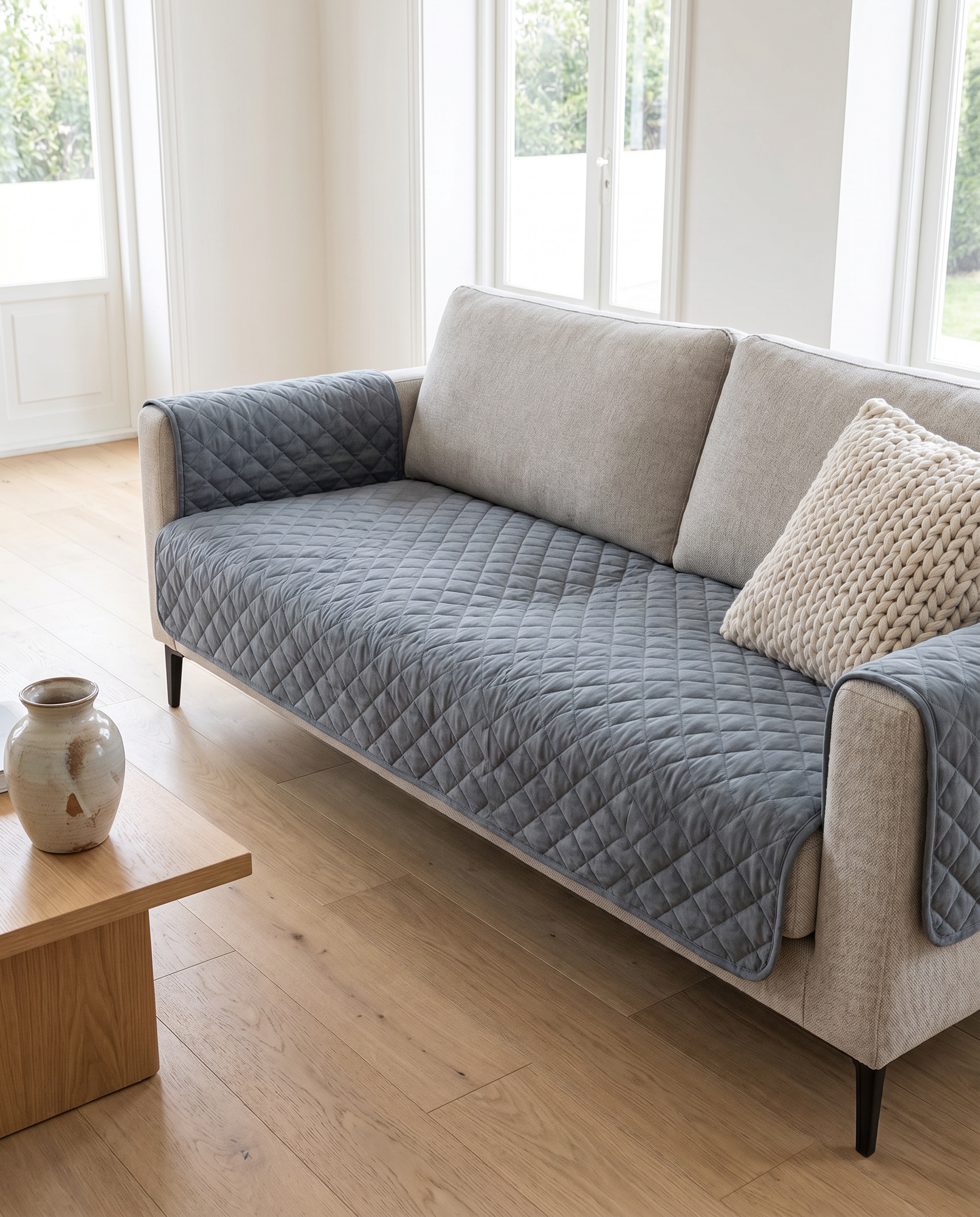 Trapunta Lusso Quilted Sofa Cover - Slate Haze - Draped over sofa in modern Italian living room