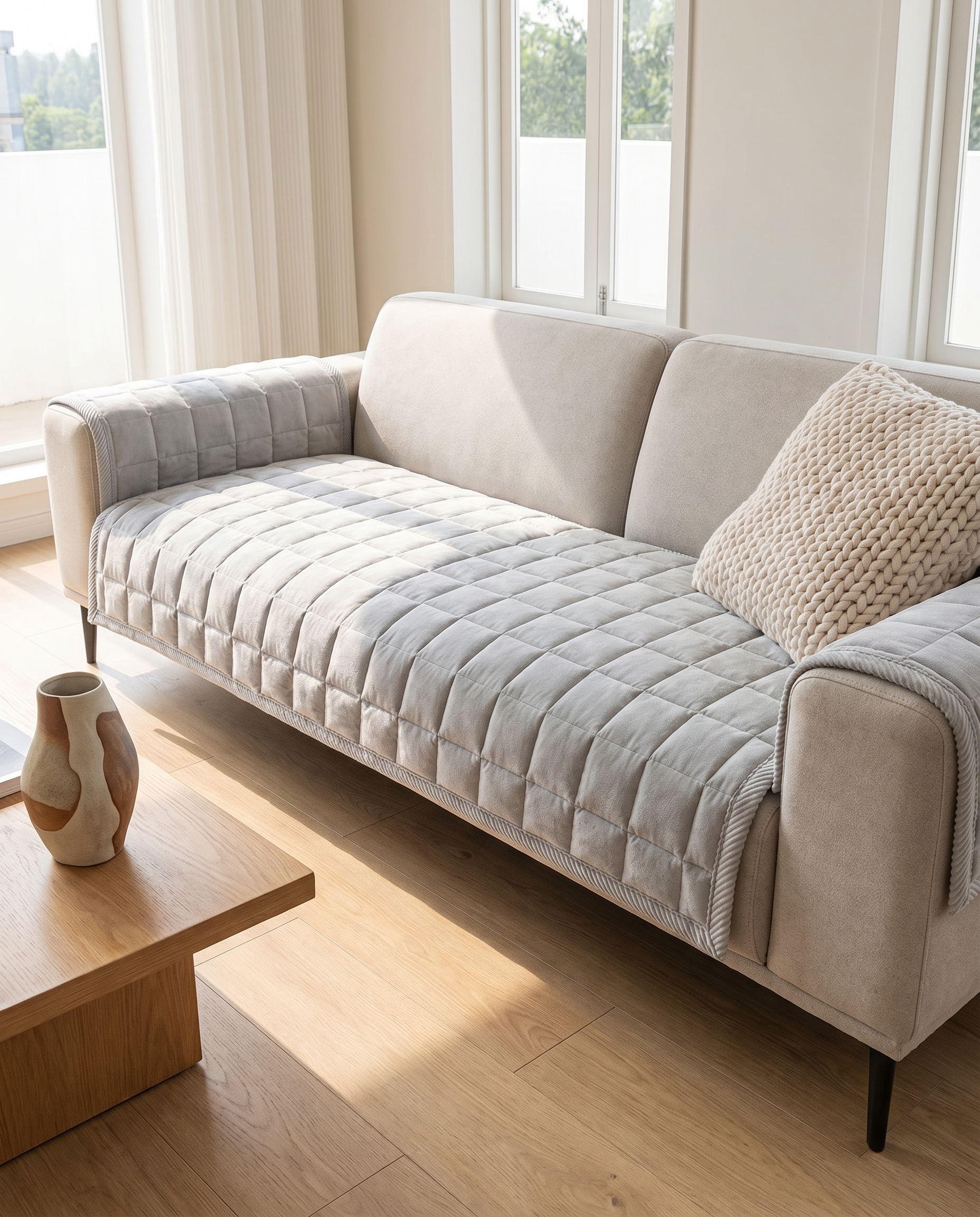 Trapunta Lusso Quilted Sofa Cover - Silver Haze - Draped over sofa in modern Italian living room