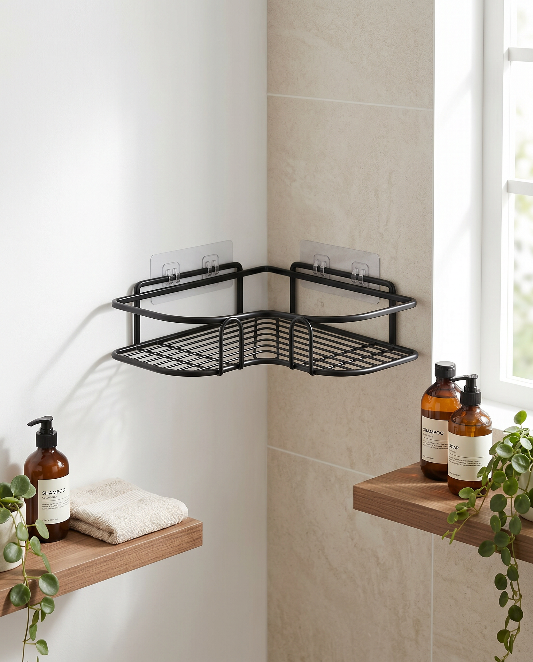 White corner shower caddy mounted in a bright bathroom corner