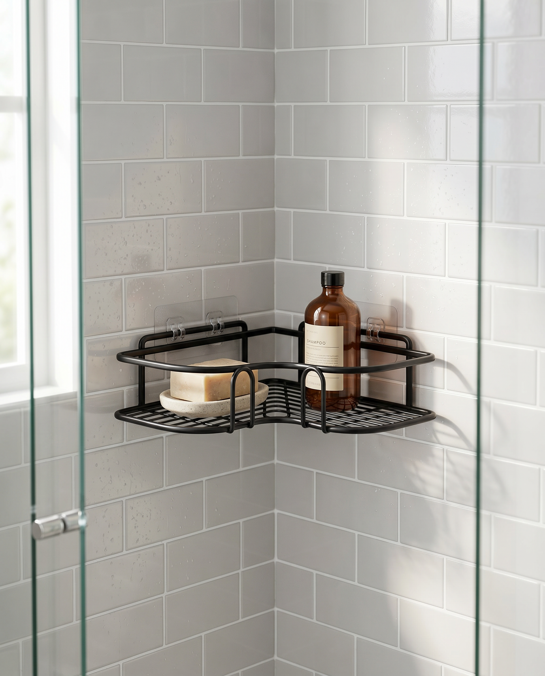 White corner shower caddy holding soap and shampoo in a tiled walk-in shower