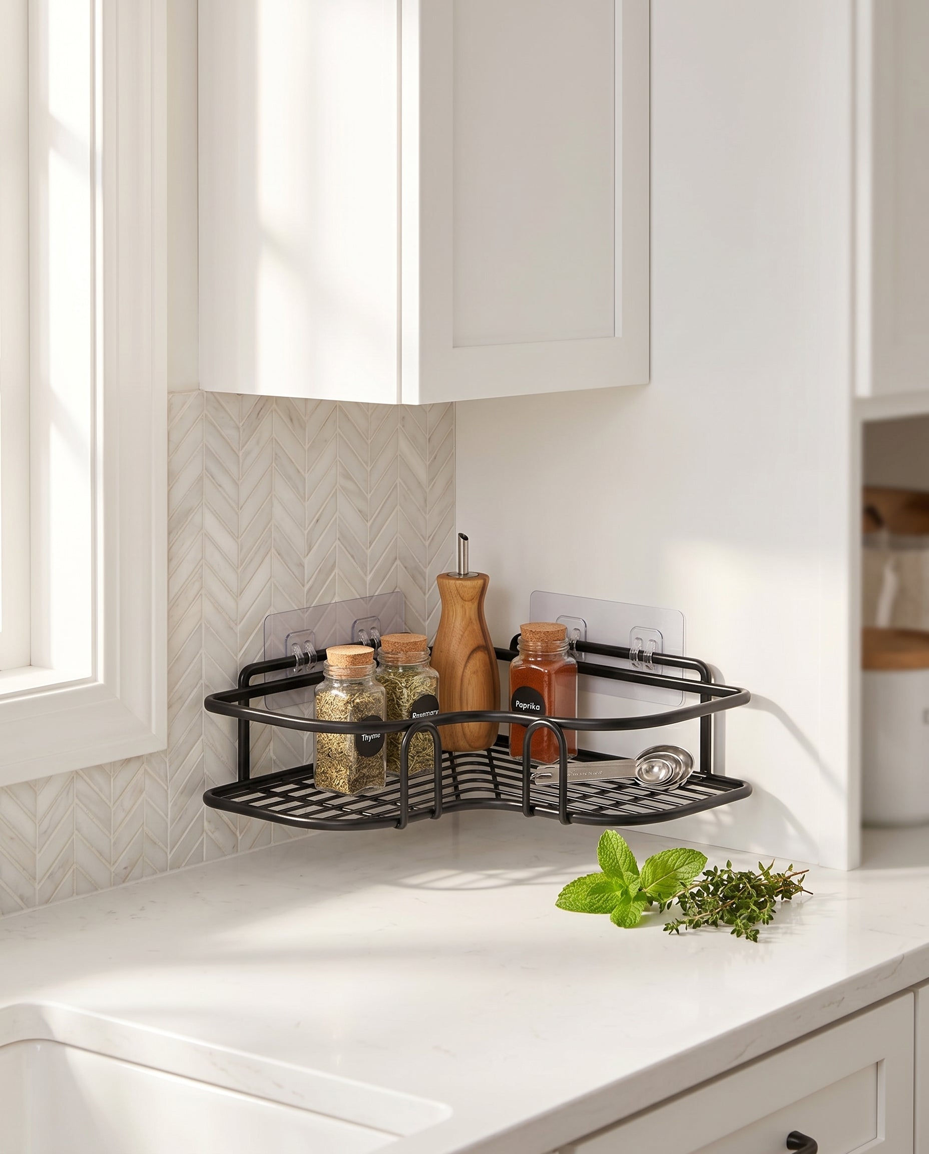White corner caddy used as a kitchen spice and utensil rack