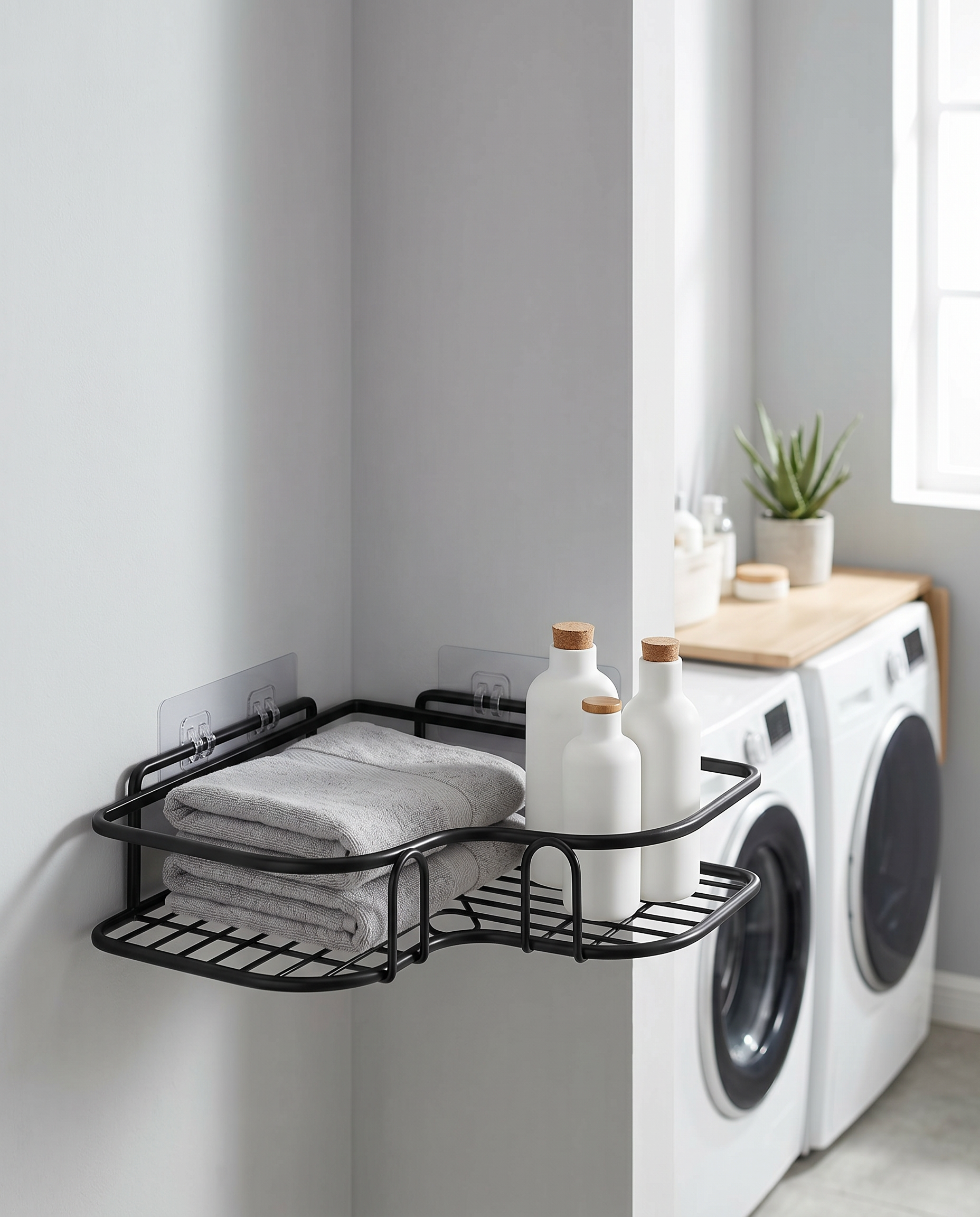 Matte black corner caddy holding towels in a modern laundry room