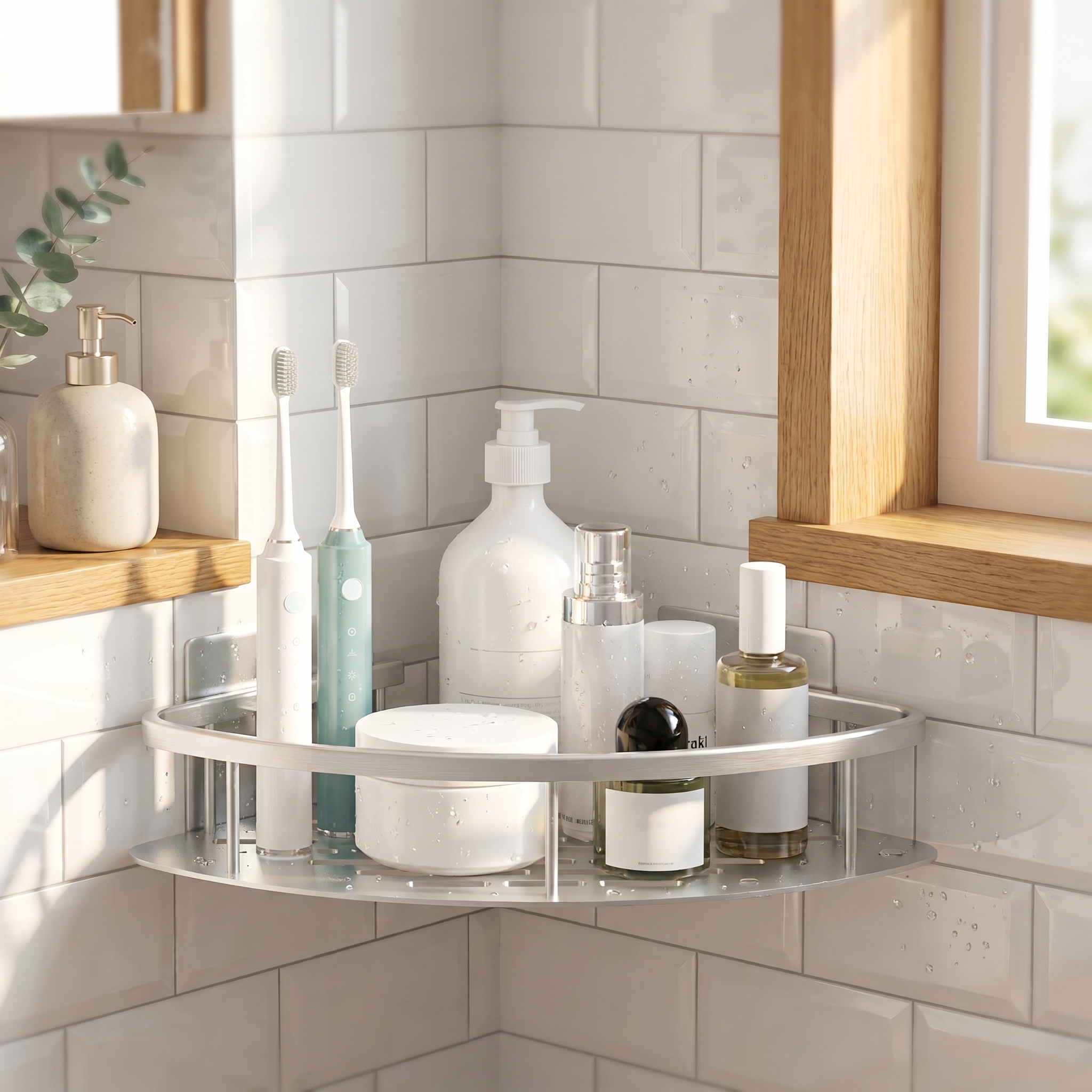 Curva Serena silver 1-tier corner shower caddy in a bright modern bathroom