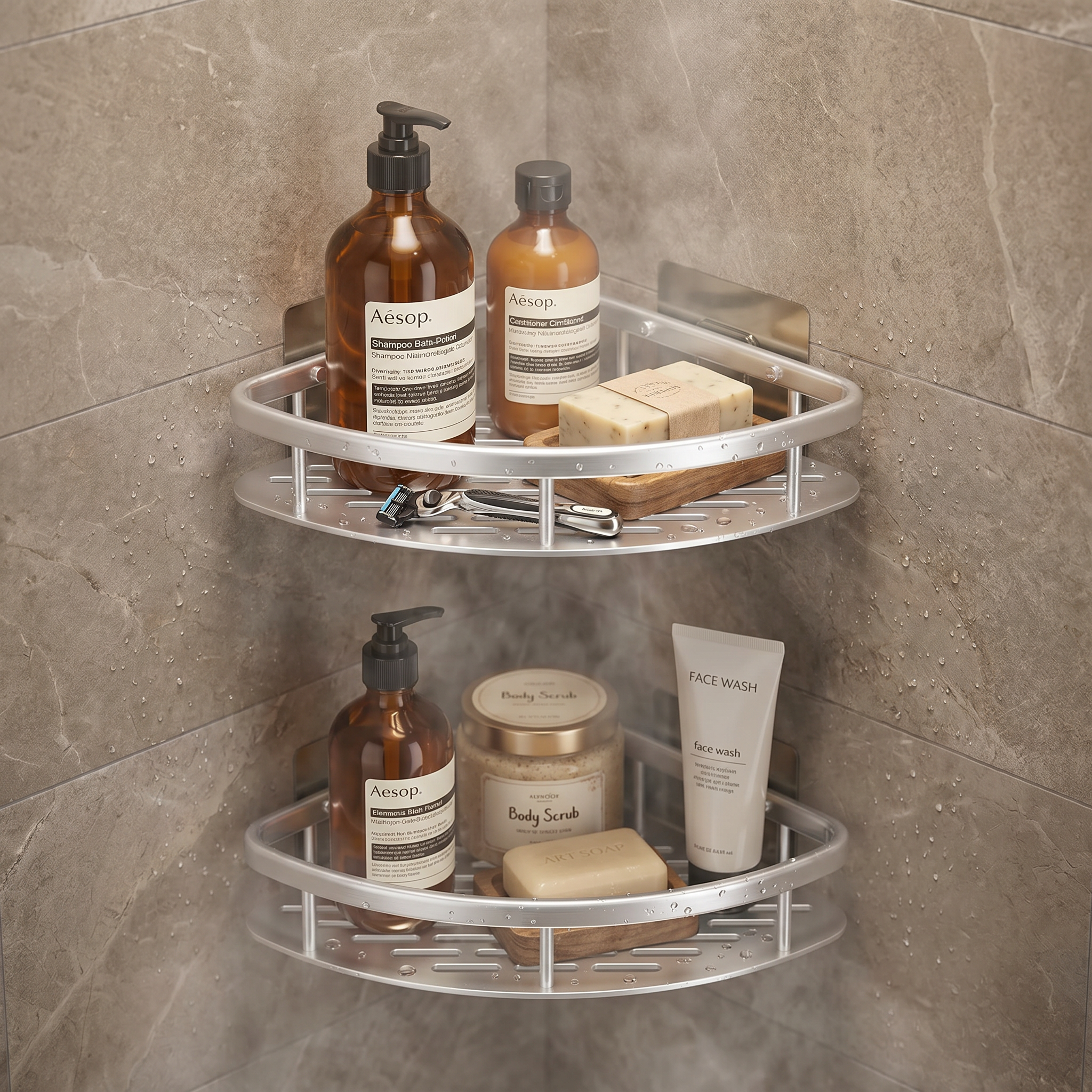Curva Serena silver 2-tier corner shower caddy holding bath products in a spa shower