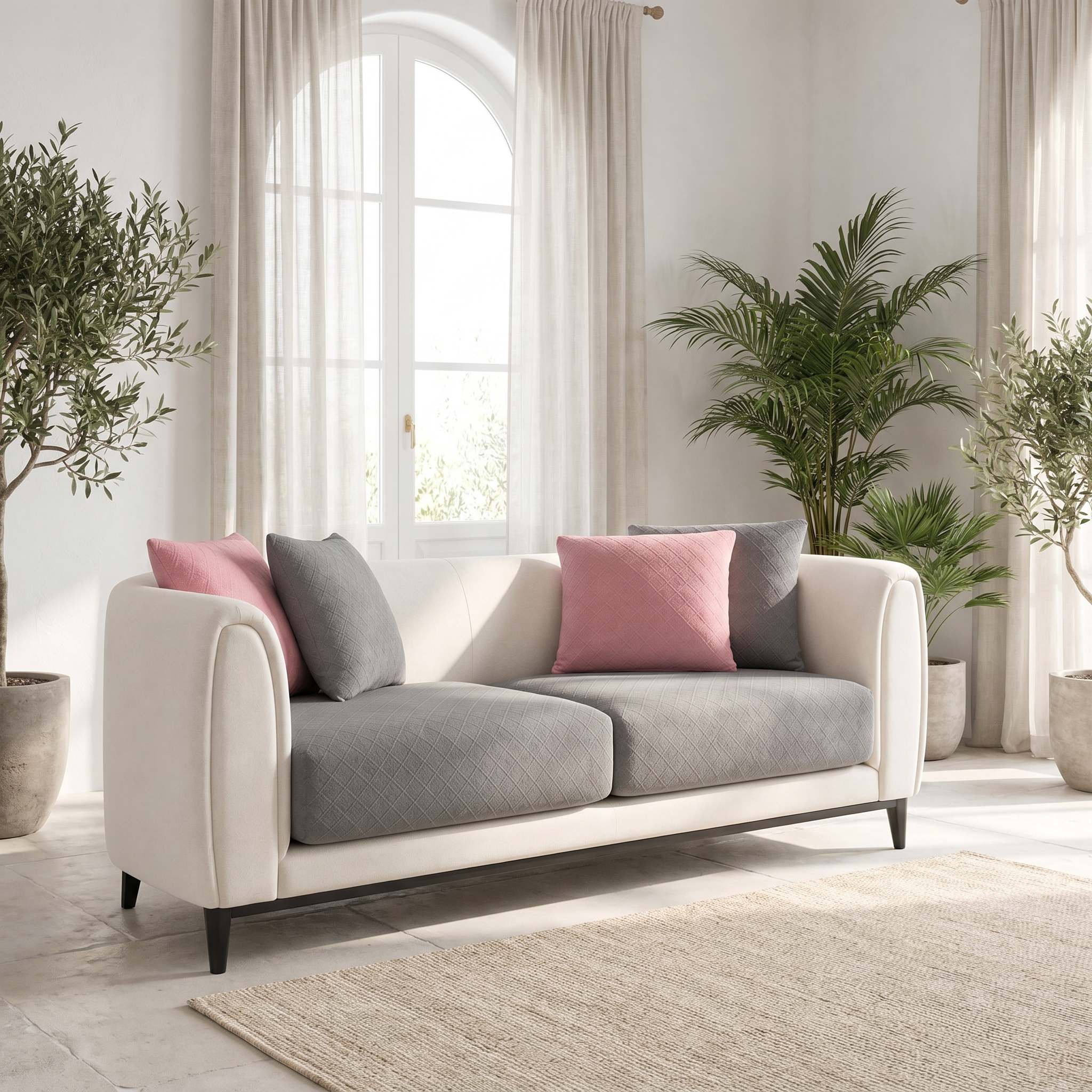 Abbraccio Sereno Quilted Sofa Cover in a bright Mediterranean living room