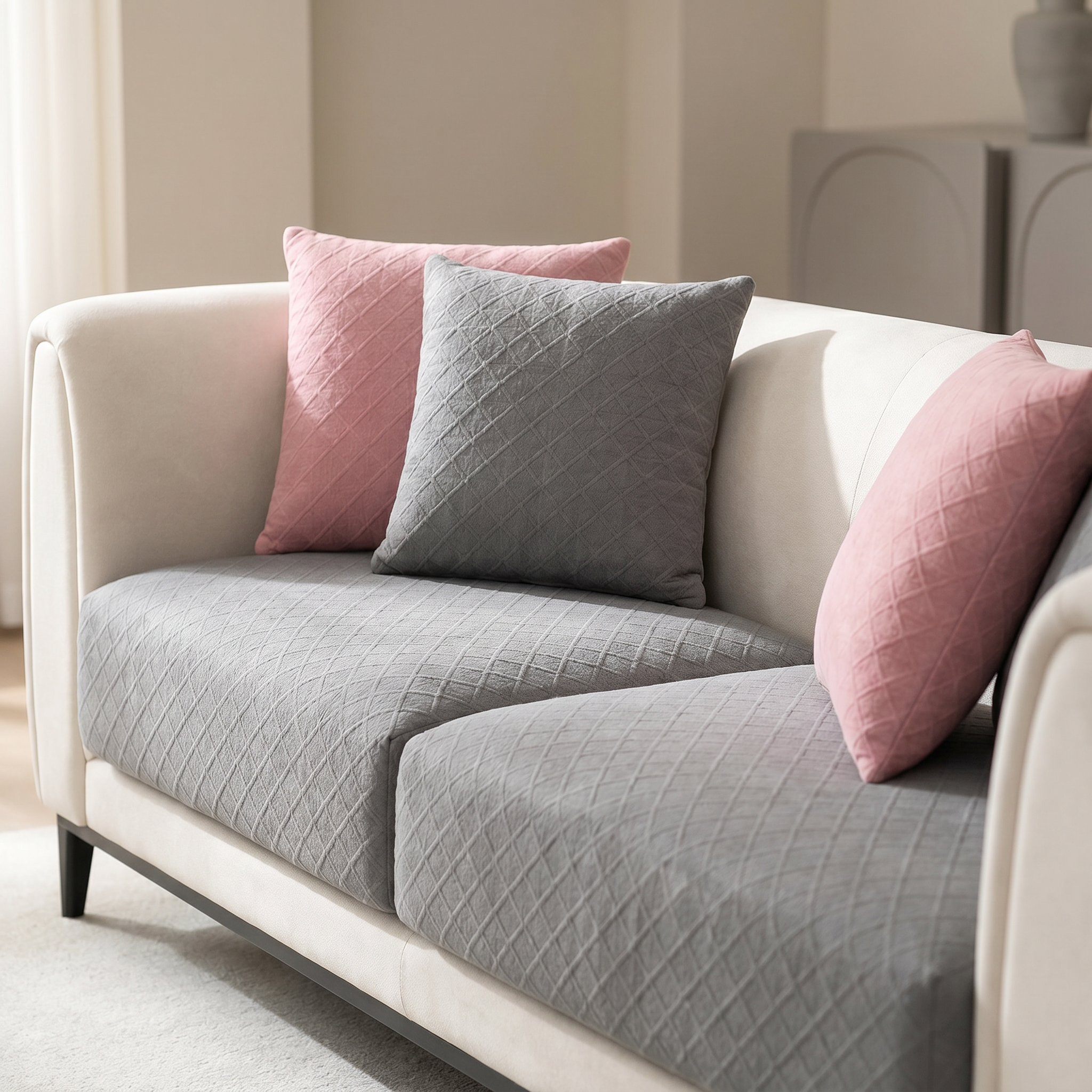 Abbraccio Sereno Quilted Sofa Cover quilted texture and pillow detail