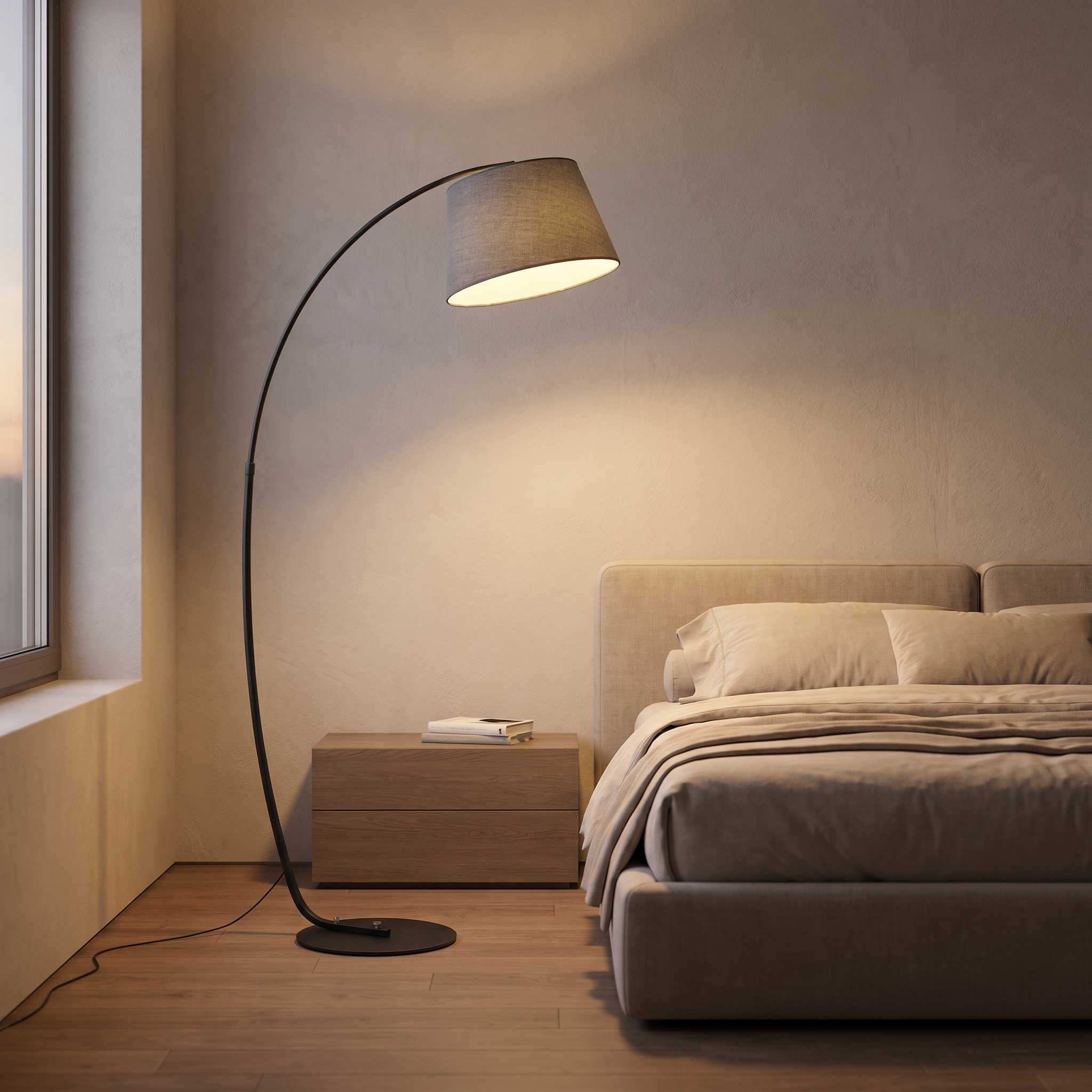 Lume Sereno Adjustable Arm Floor Lamp in matte black beside a modern bed