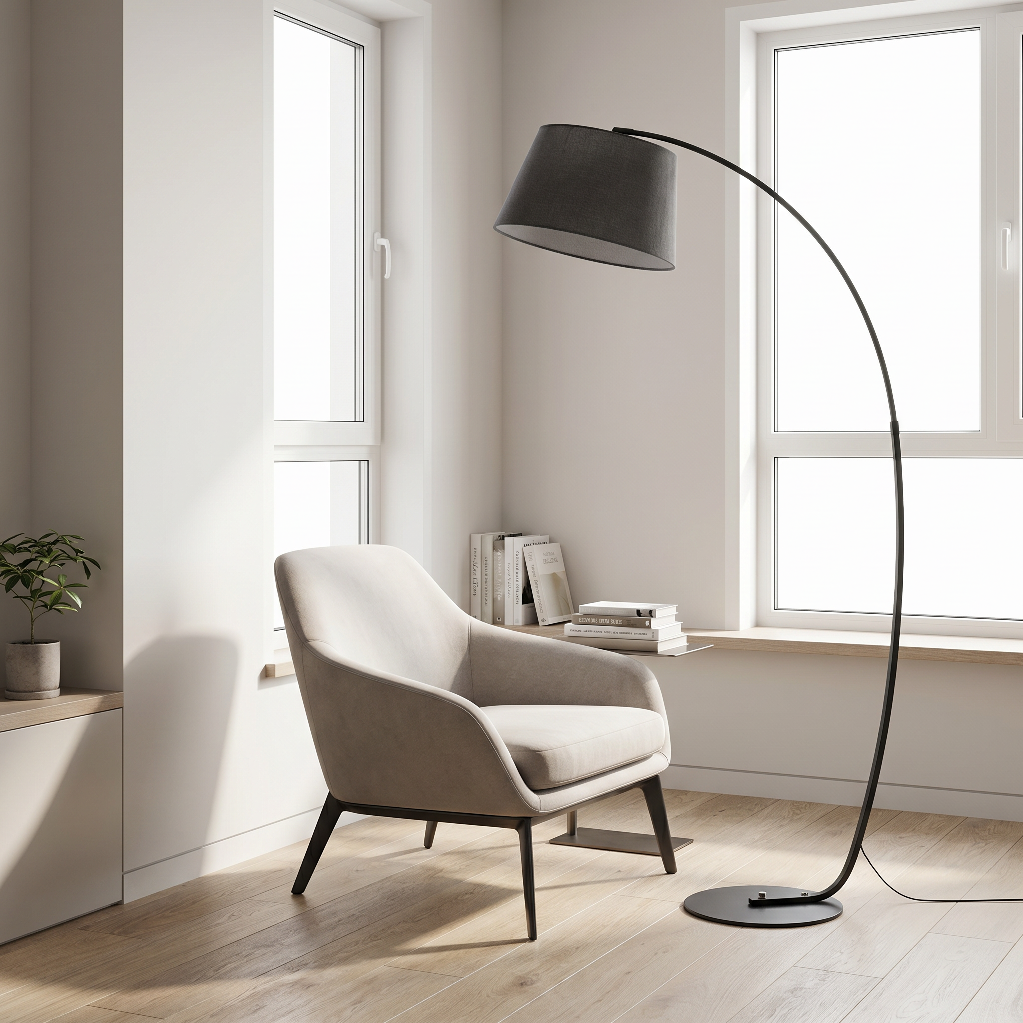 Lume Sereno Adjustable Arm Floor Lamp in matte black in a bright study corner