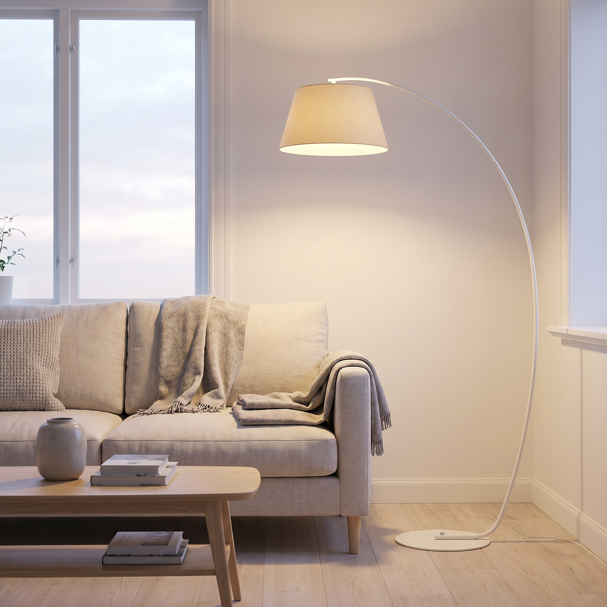 Lume Sereno Adjustable Arm Floor Lamp in white in an airy Scandinavian living room