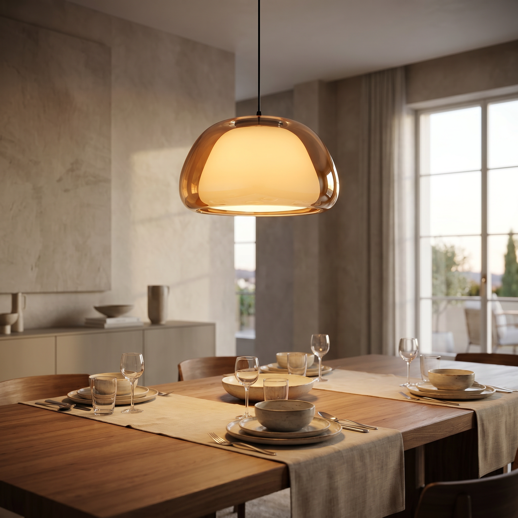 Virelia Sfera glass pendant light glowing over a dining table in a modern Italian room