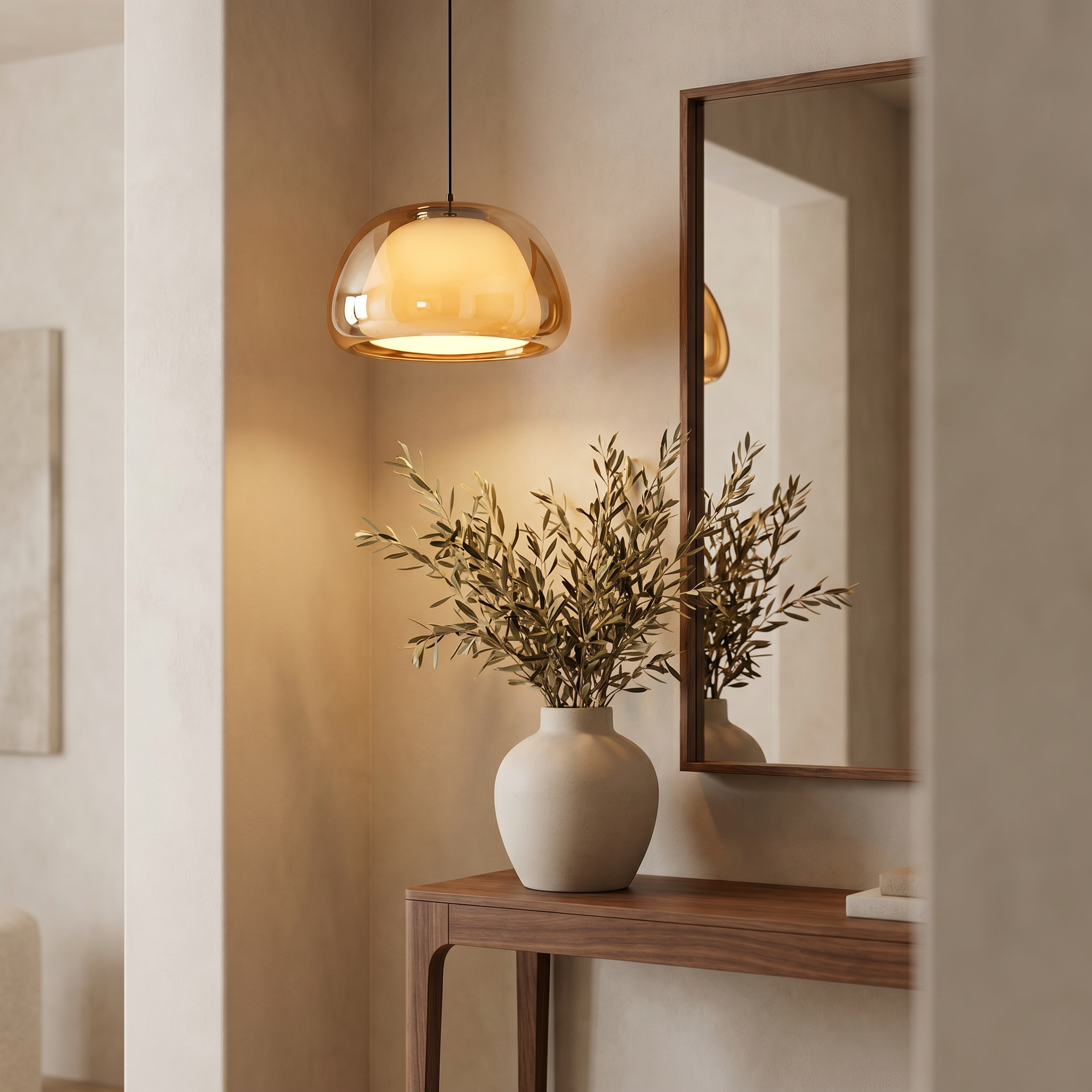 Virelia Sfera glass pendant light over an entryway console table
