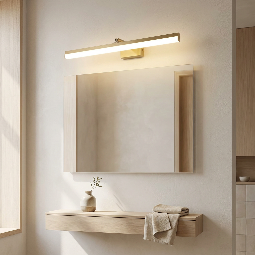 Riflesso Dorato gold LED vanity light glowing warm above a mirror in a modern Nordic bathroom