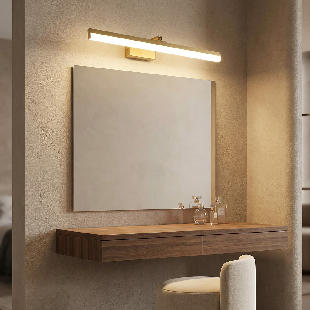 Gold LED vanity light above a rectangular mirror in a warm dressing room